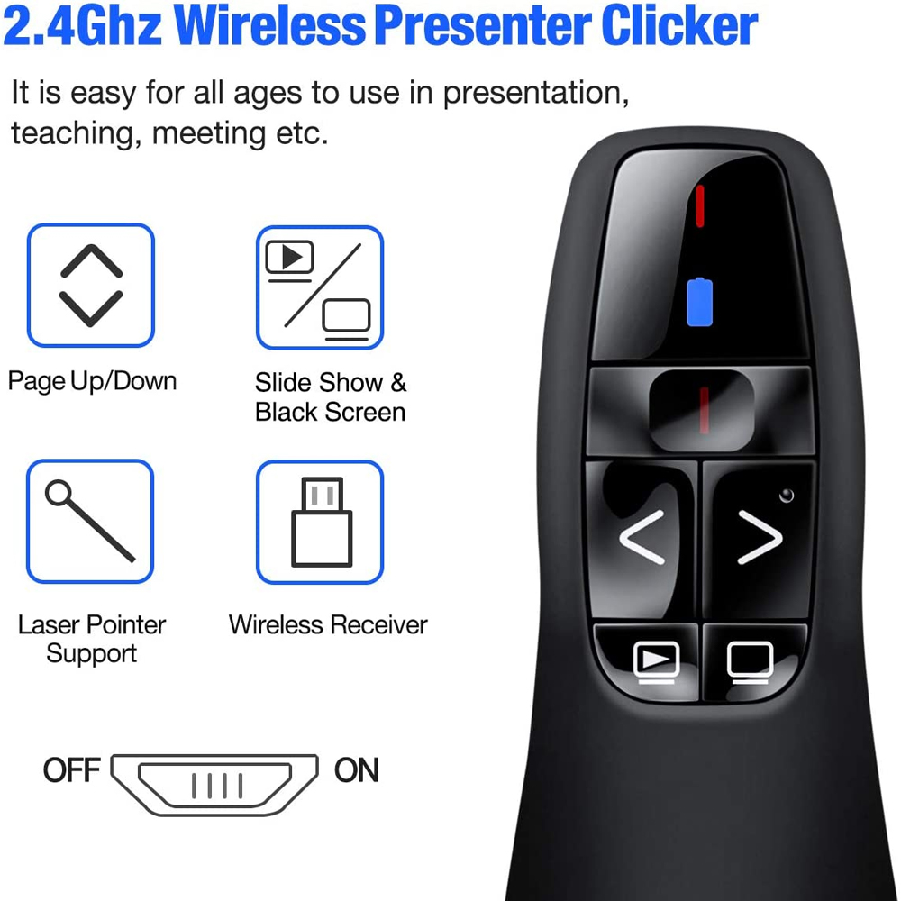 Un puntatore per presentazioni wireless nero con pulsanti e icone.