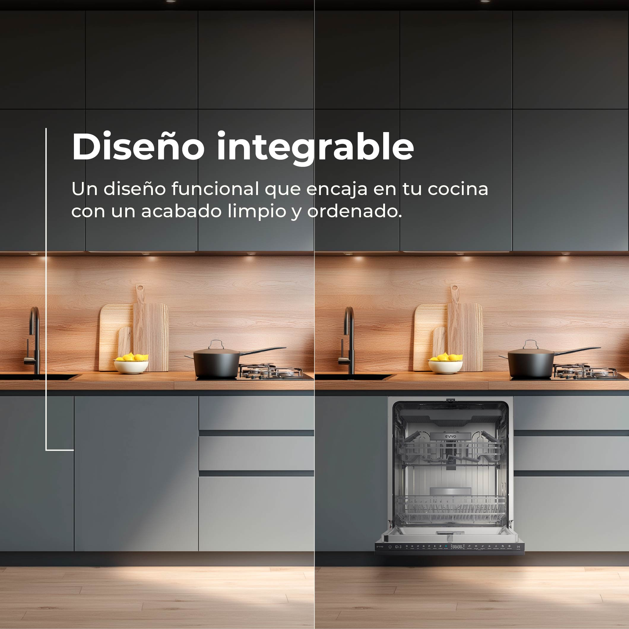 Una cocina con lavavajillas integrado y detalles de madera.