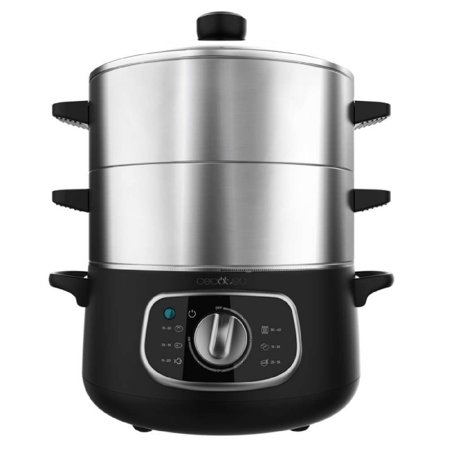 Un vaporizzatore elettrico nero e argento a tre livelli con pannello di controllo.