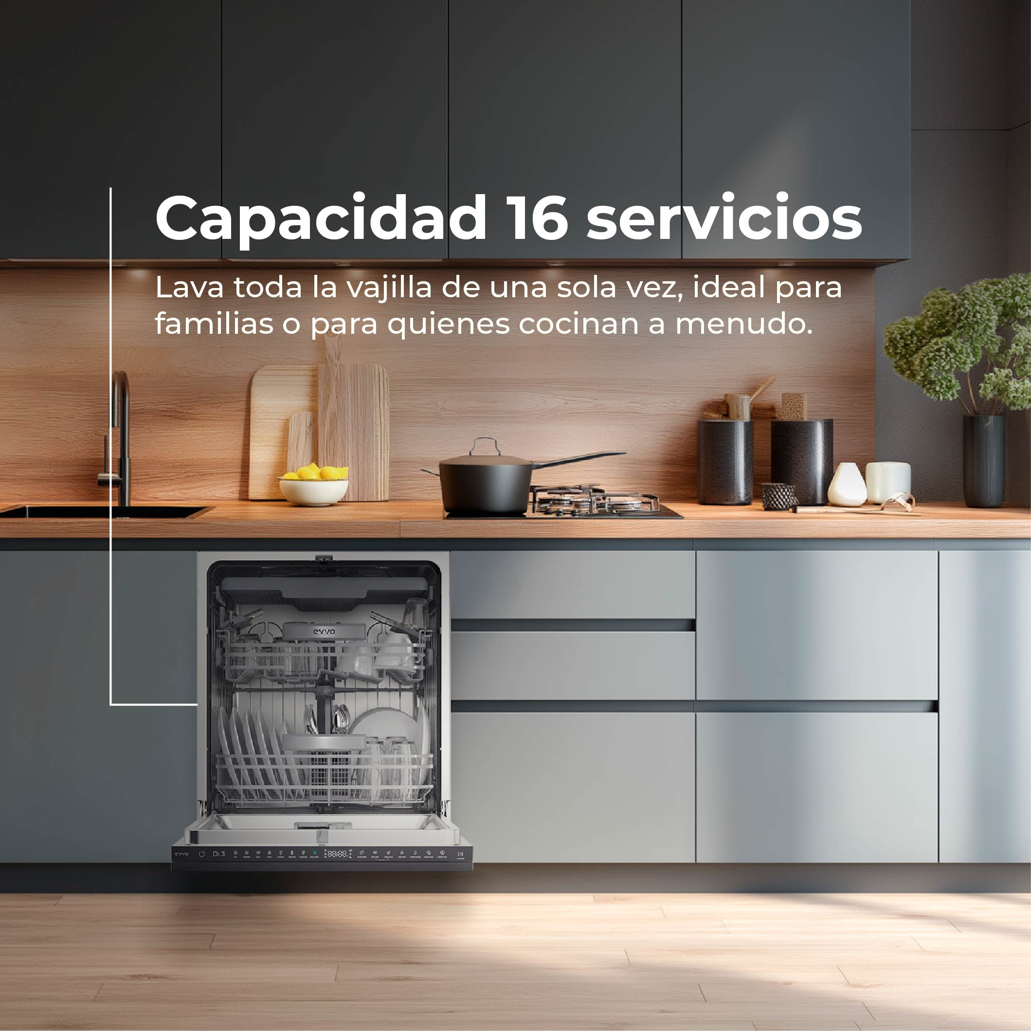Un lavavajillas abierto en una cocina moderna con encimeras de madera.