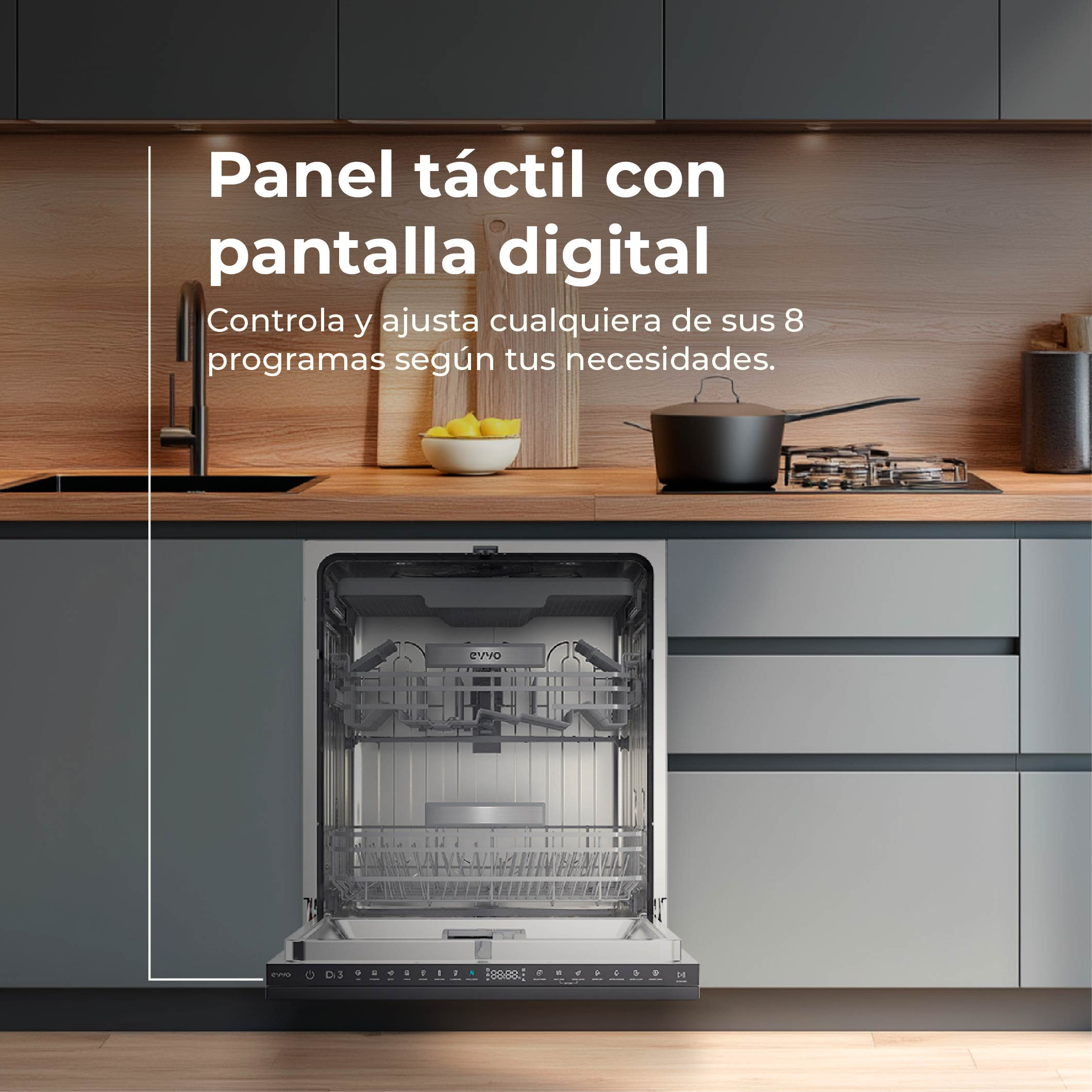 Un lavavajillas abierto con panel táctil y pantalla digital en una cocina moderna.