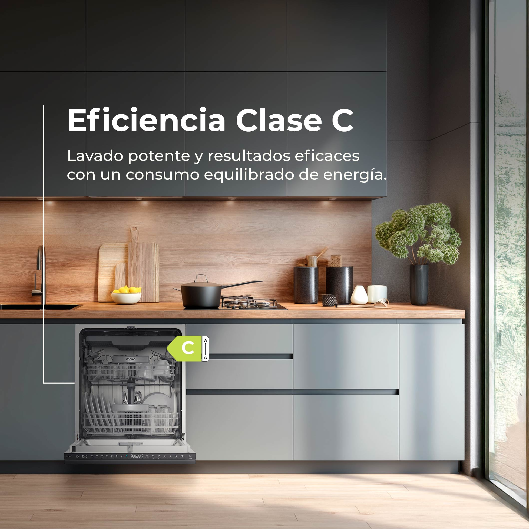Cocina moderna con lavavajillas abierto y clase de eficiencia C.