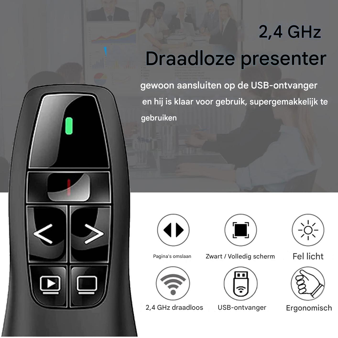 Un puntatore di presentazione wireless nero da 2,4 GHz con pulsanti di controllo e icone.