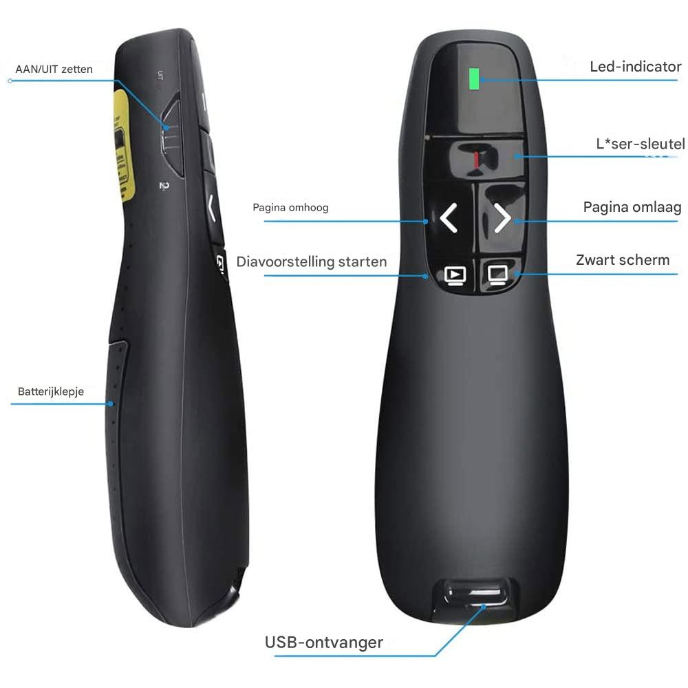 Presentatore nero con pulsanti: LED, laser, pagina su/giù, avvio, porta USB.