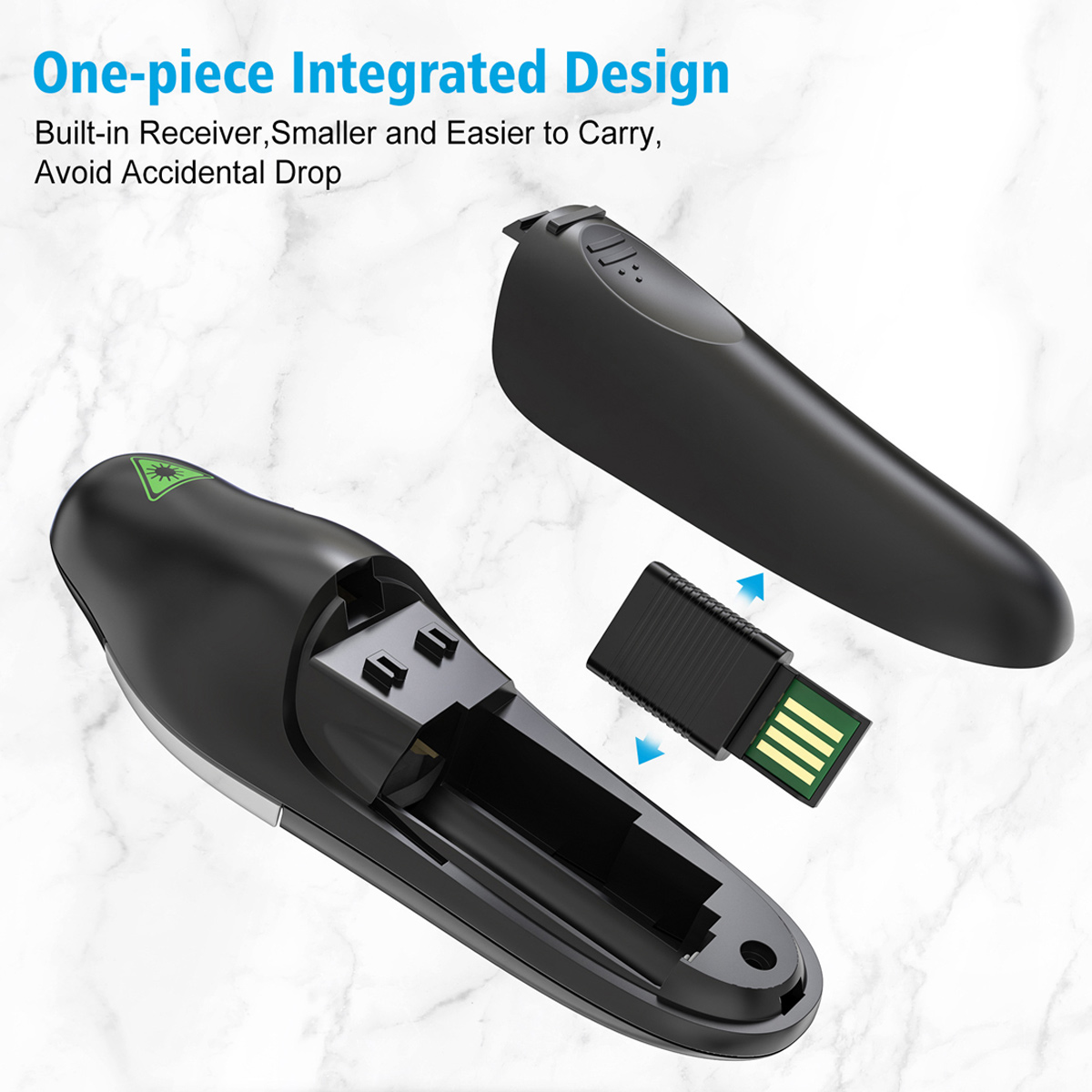 Click nero con ricevitore USB rimovibile mostrato.