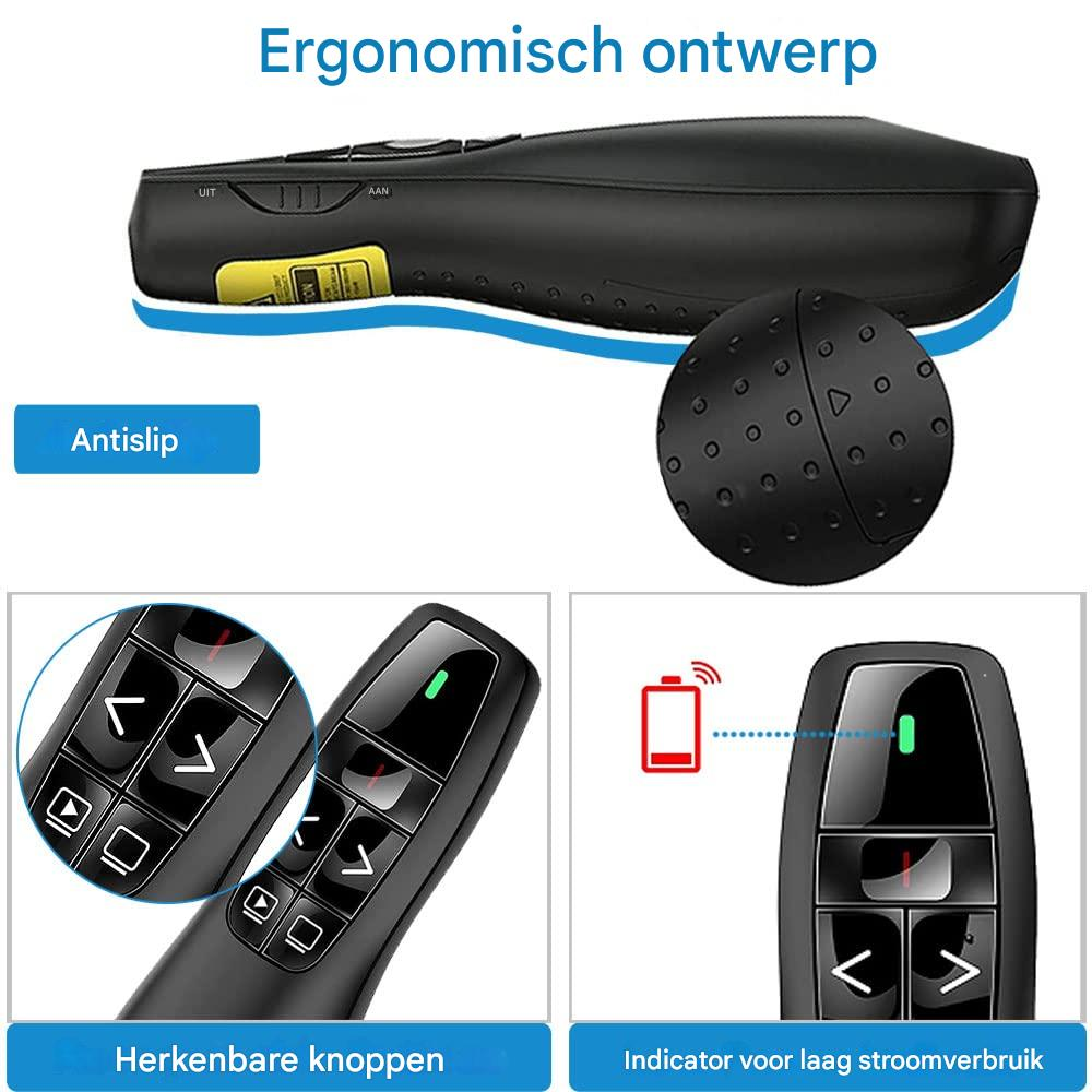 Presenter nero ergonomico con pulsanti e indicatore batteria.
