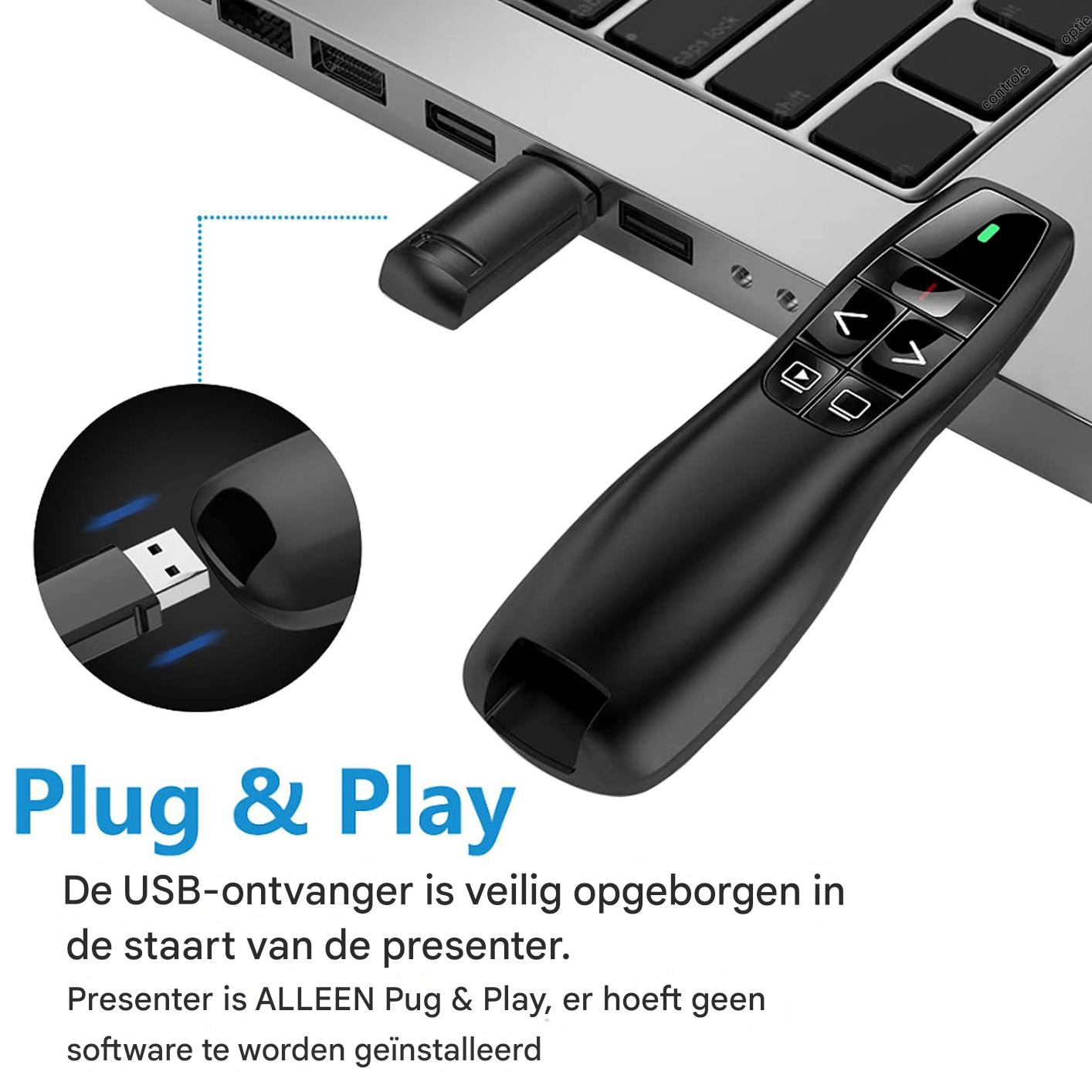 Presenter nero con ricevitore USB inserito nel laptop. Plug & Play.