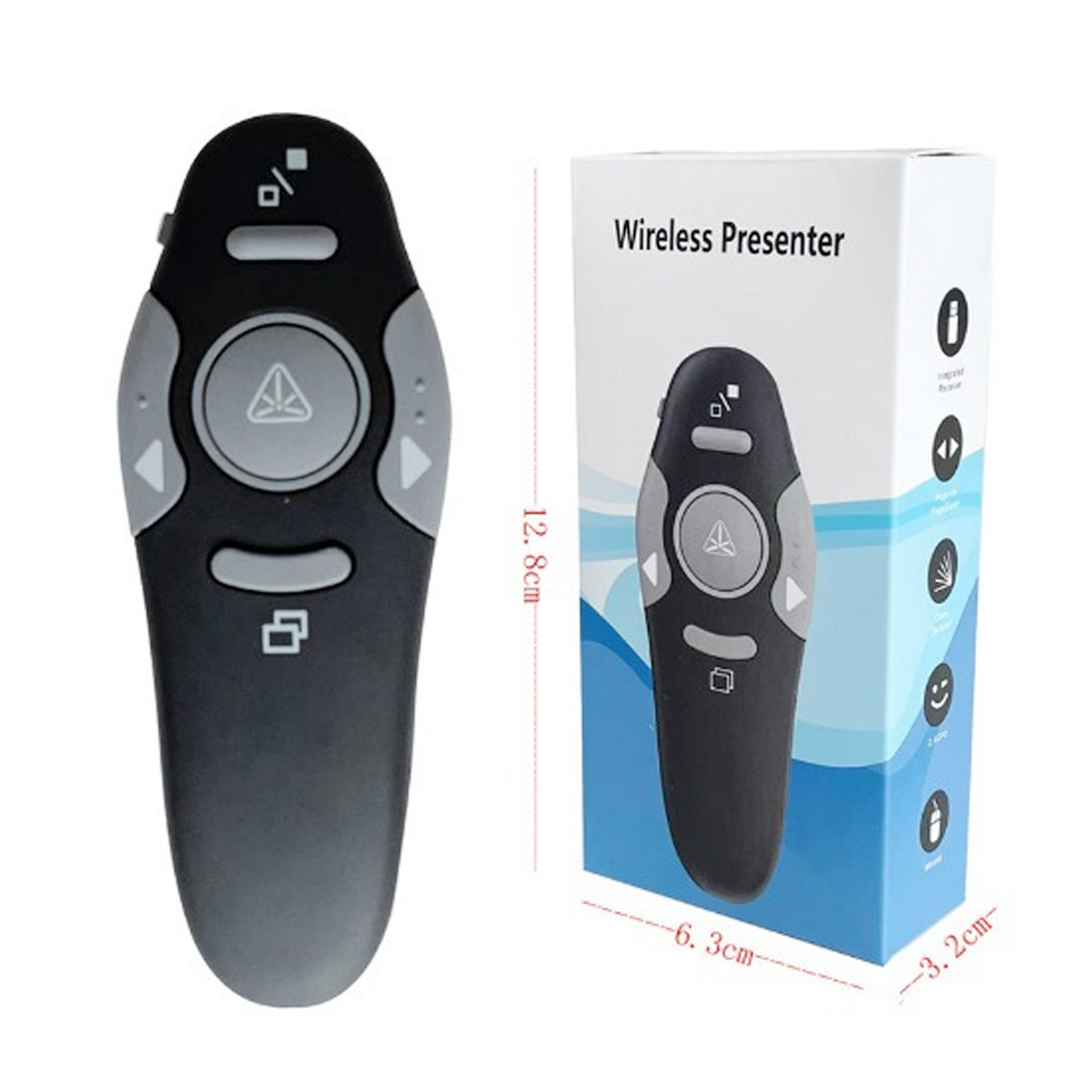Un puntatore laser wireless nero accanto alla sua scatola.