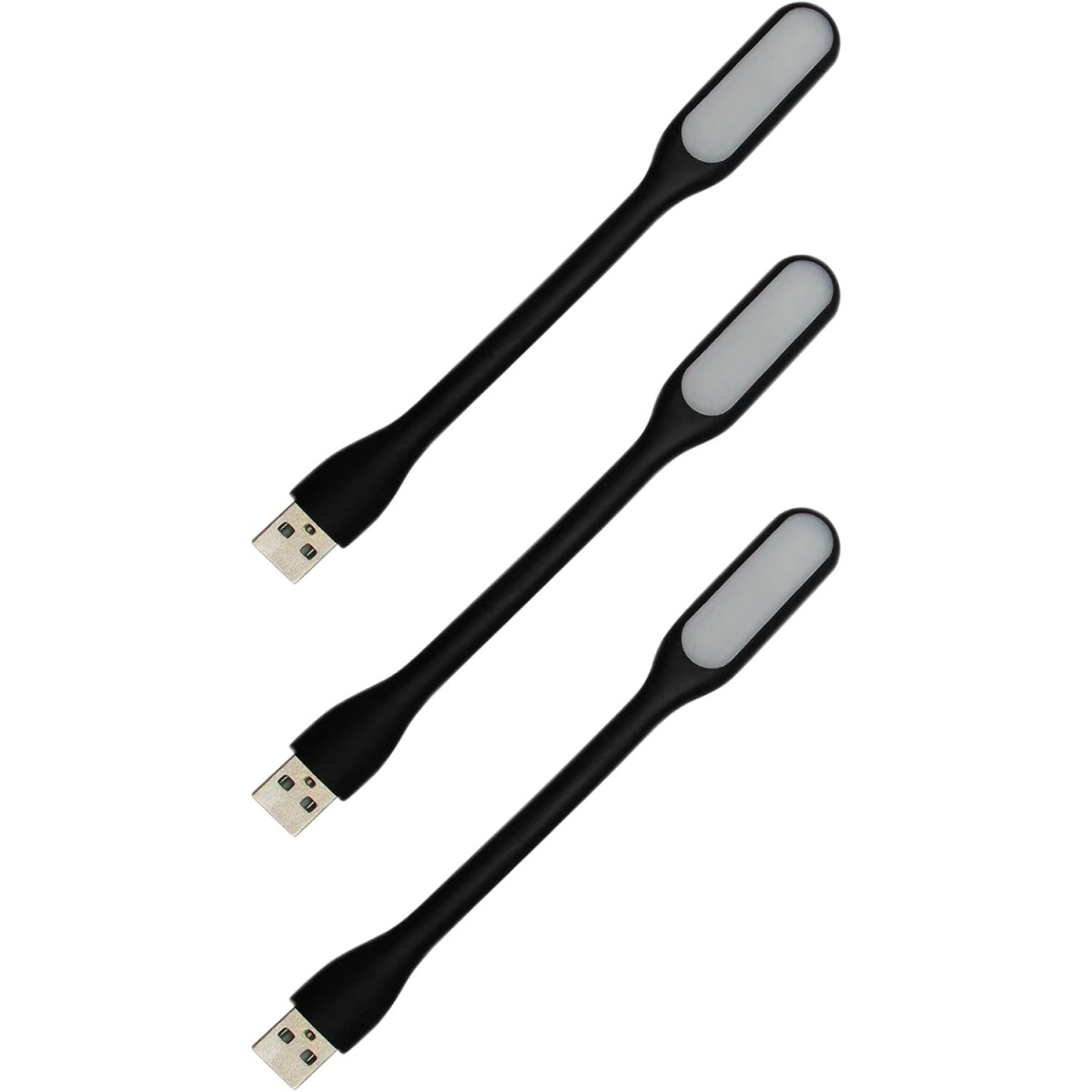 Tre luci LED USB nere su sfondo bianco.