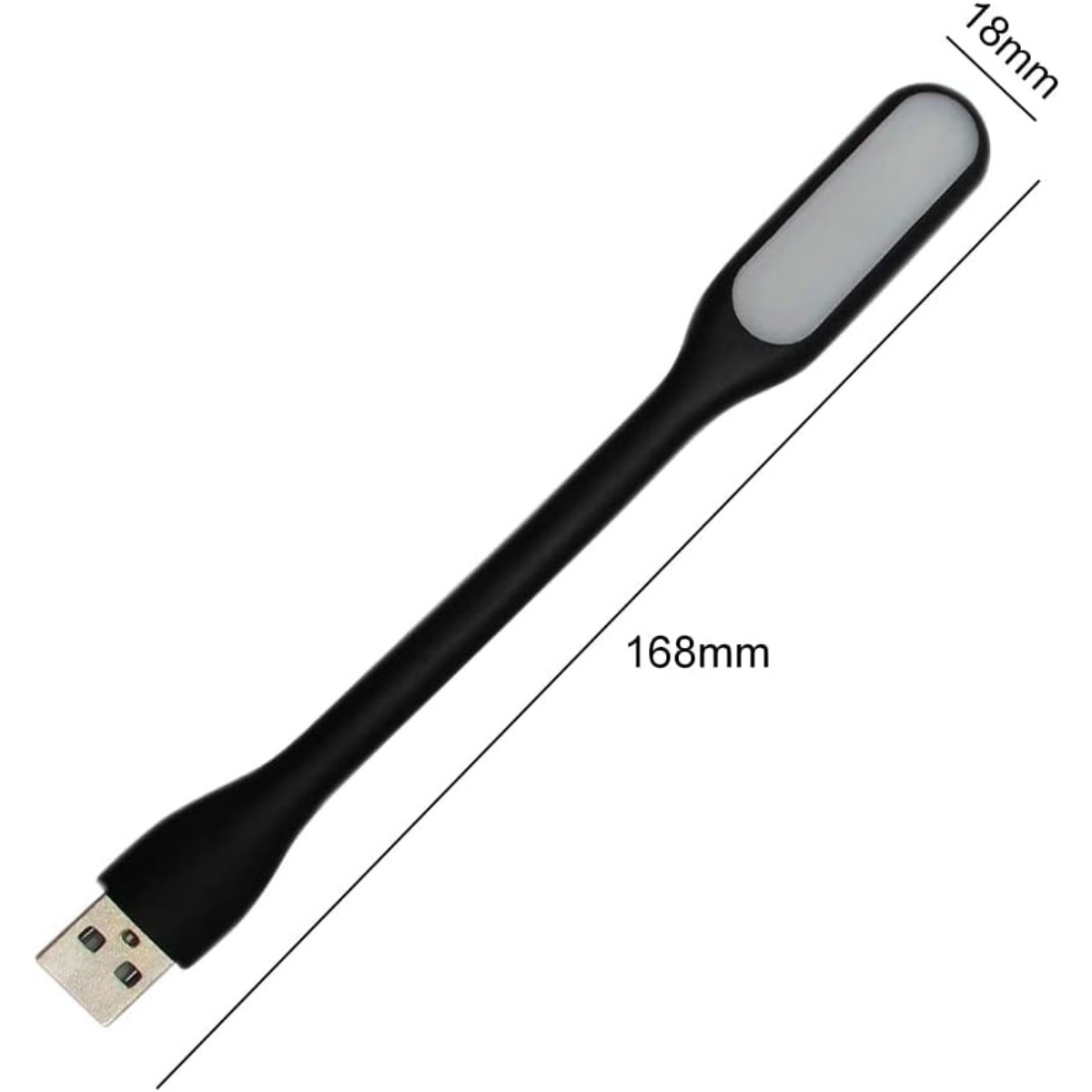 Una luce LED USB nera flessibile, dimensioni 168mm x 18mm.