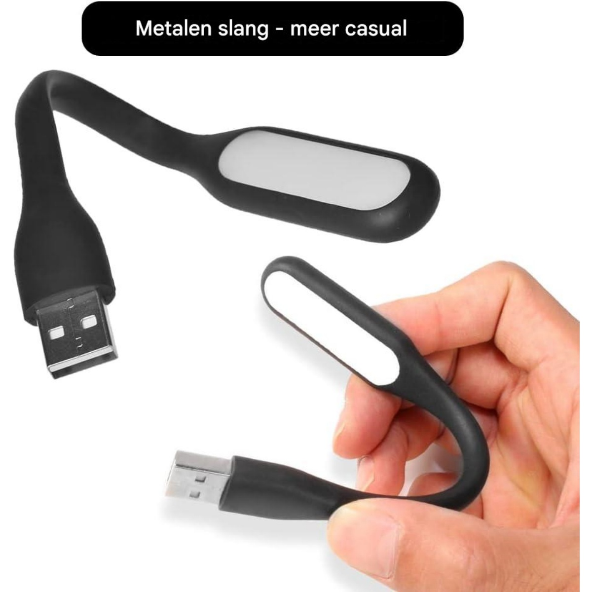 Due luci LED USB nere con braccia flessibili, una è tenuta.