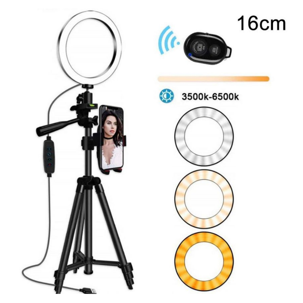 Luce ad anello con treppiede, supporto per telefono, telecomando e 3 modalità colore.