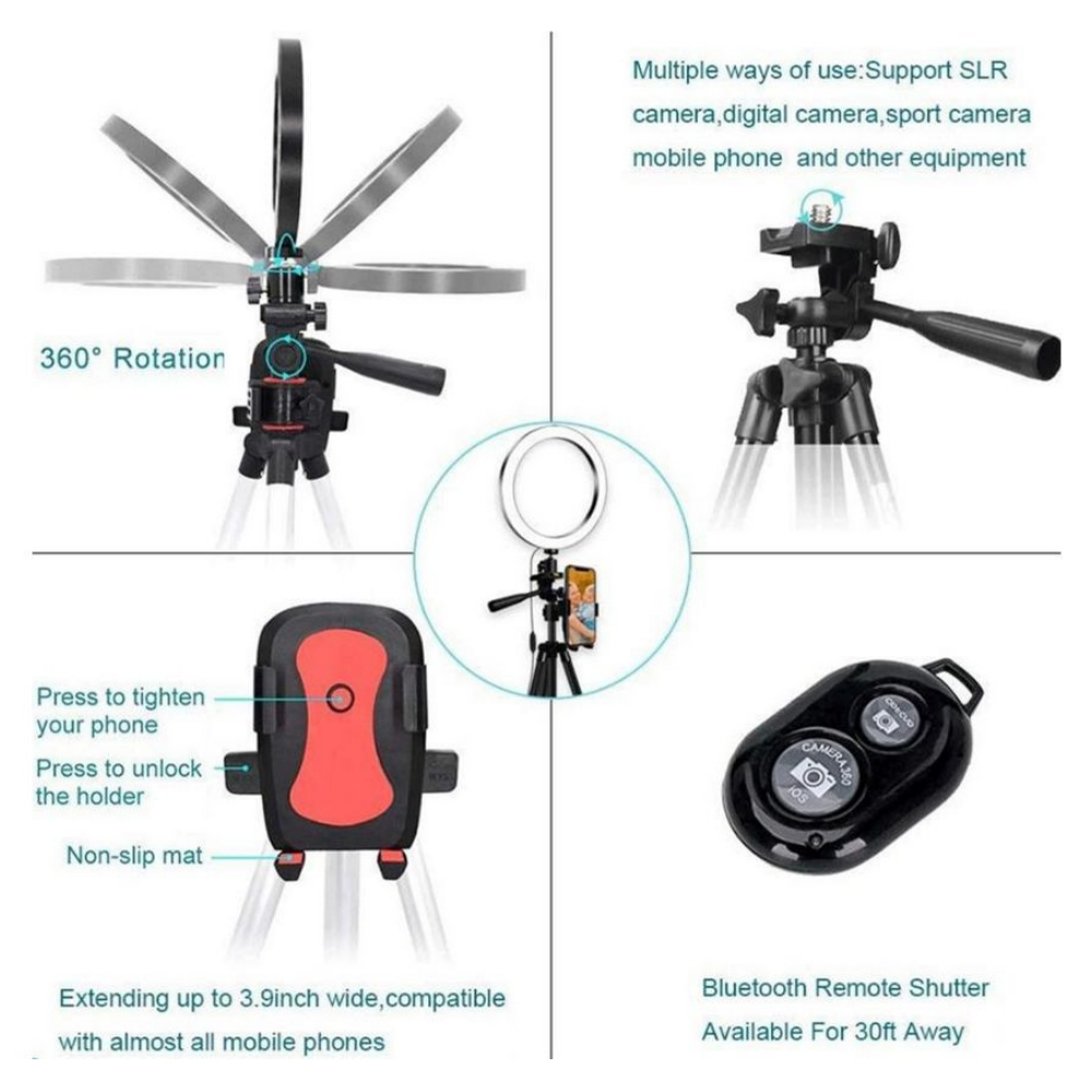 Un set treppiede con supporto per telefono, luce ad anello e telecomando Bluetooth.