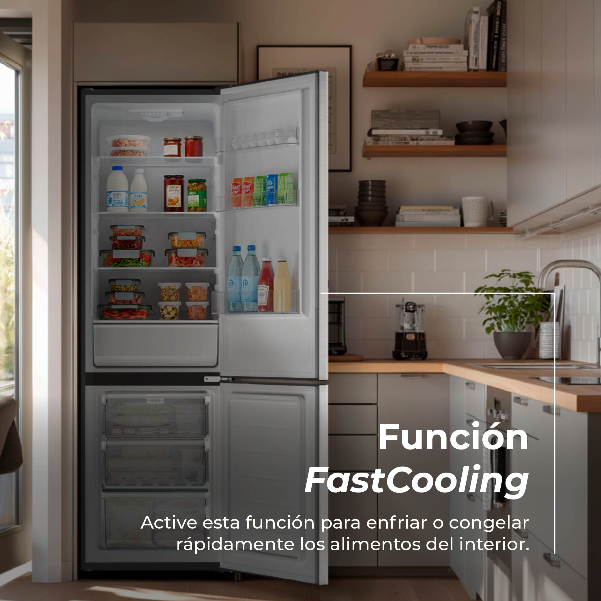 Un refrigerador abierto lleno de comida y bebidas, fondo de cocina.