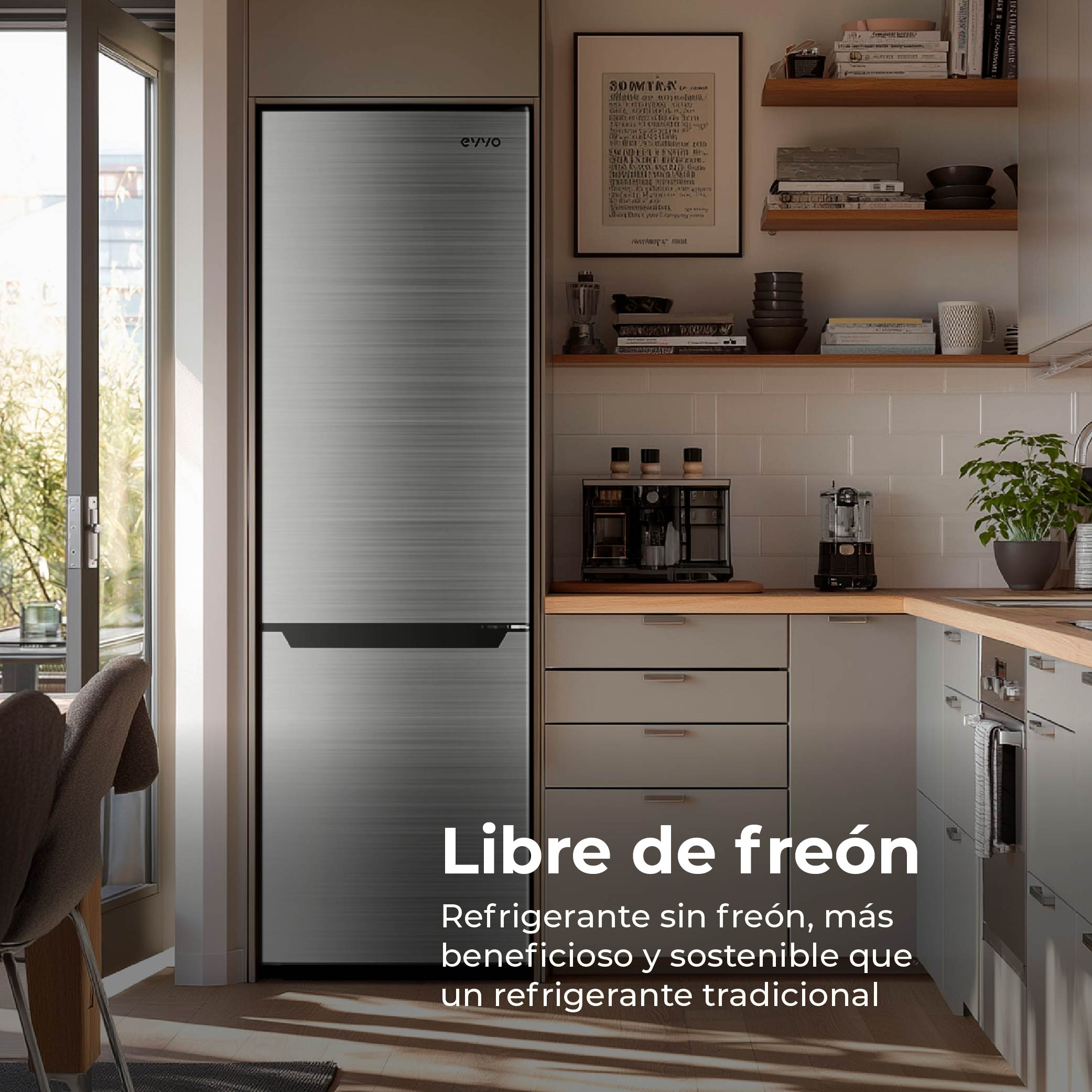 Cocina moderna con refrigerador, cafetera y estantes.