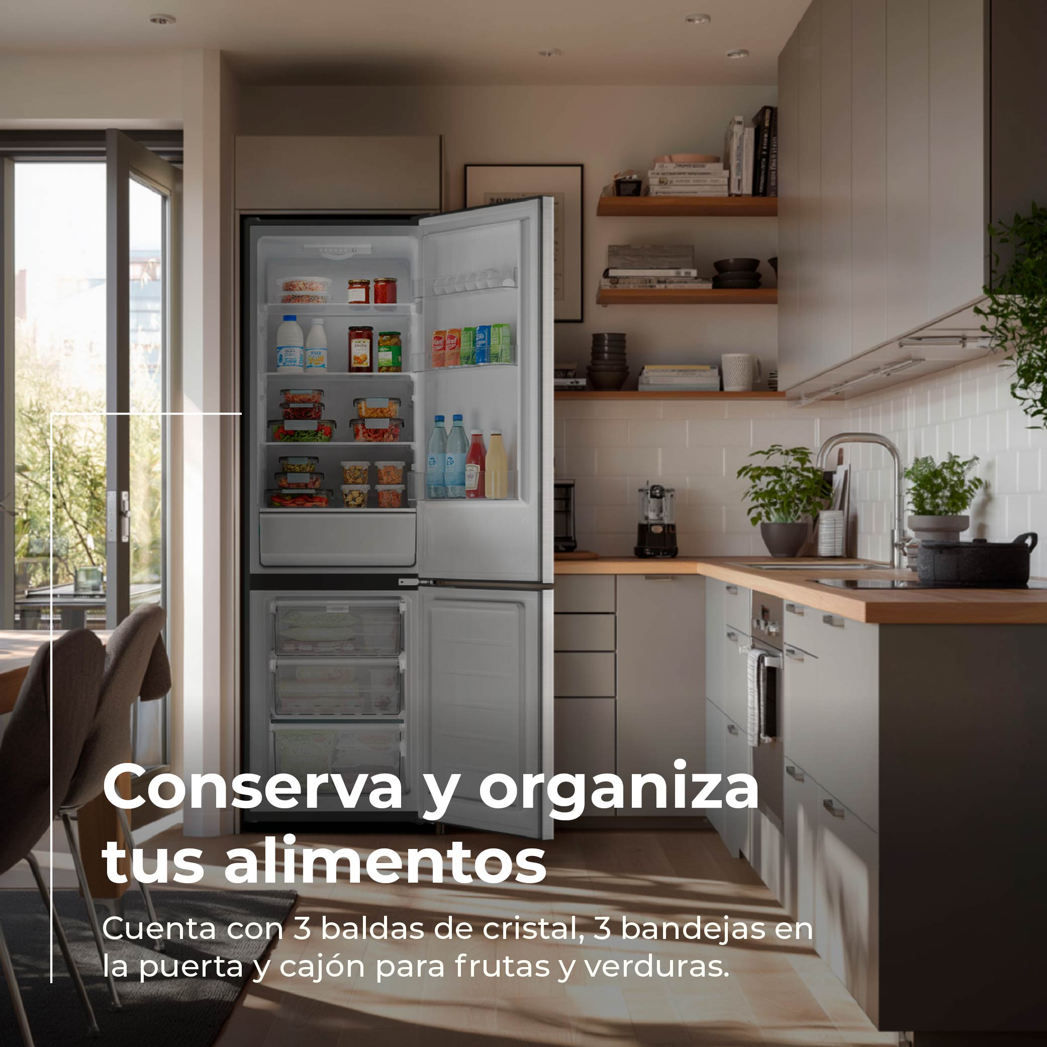 Un refrigerador abierto lleno de alimentos en una cocina moderna.