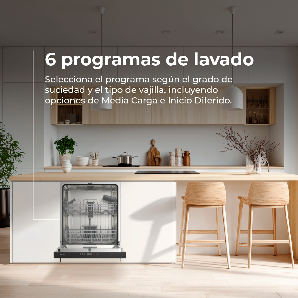 Cocina moderna con lavavajillas abierto y dos taburetes de madera.