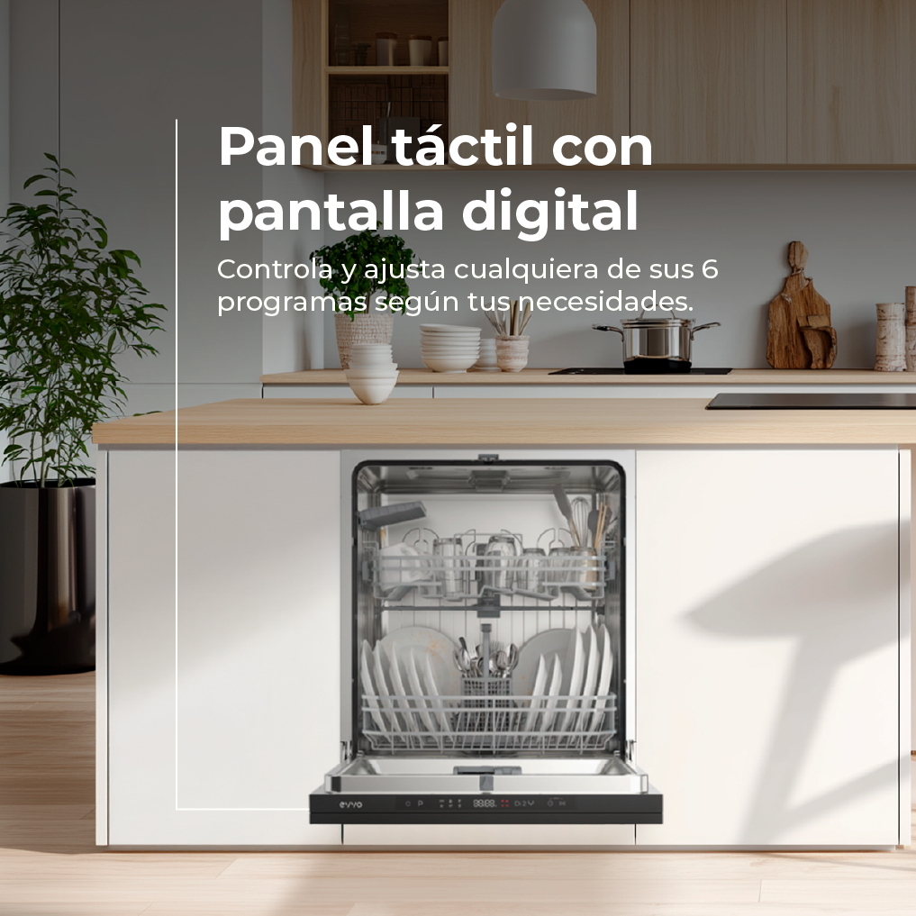 Un lavavajillas abierto con cestas llenas se encuentra en una cocina moderna.