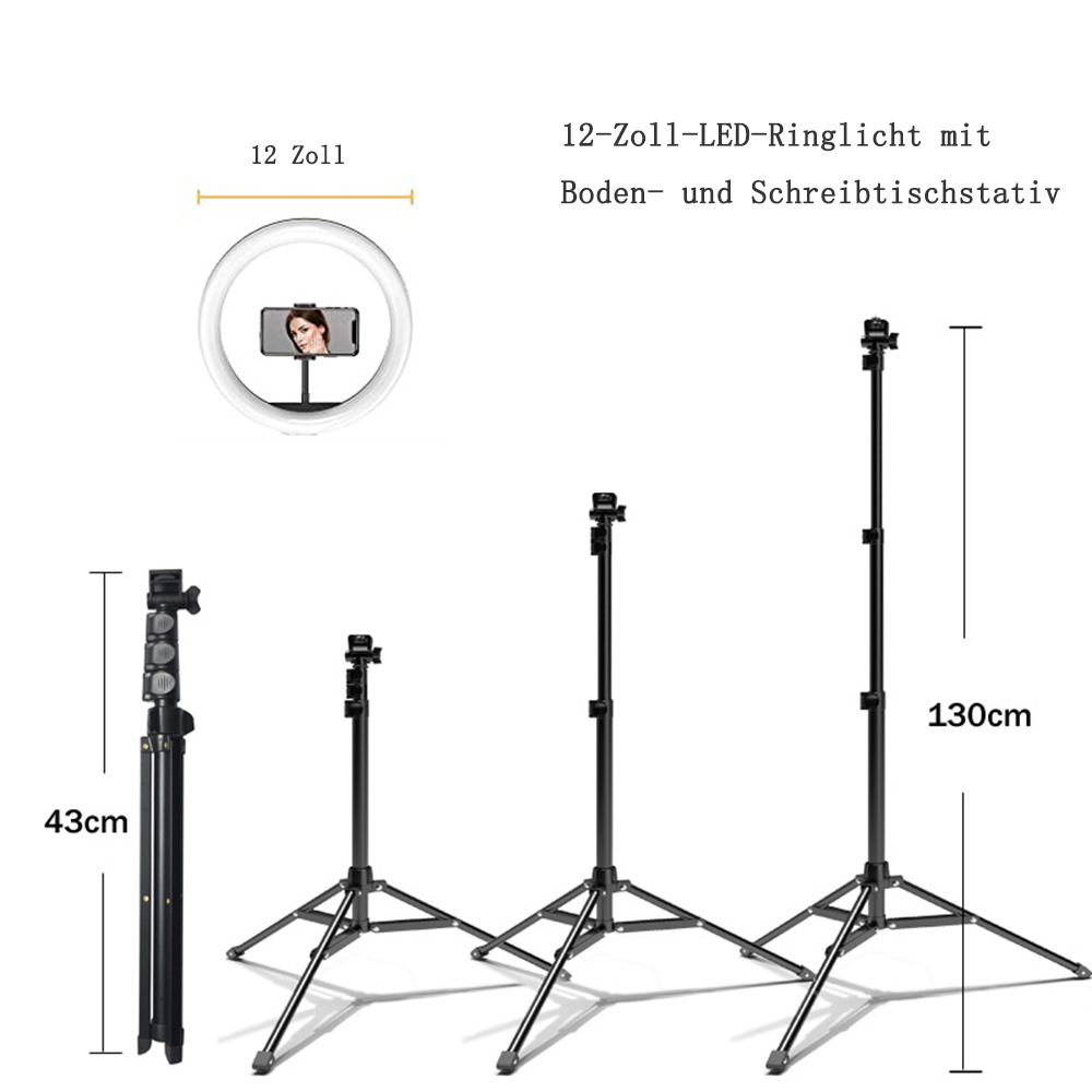 Luce ad anello LED da 12 pollici con treppiedi da 43cm a 130cm.