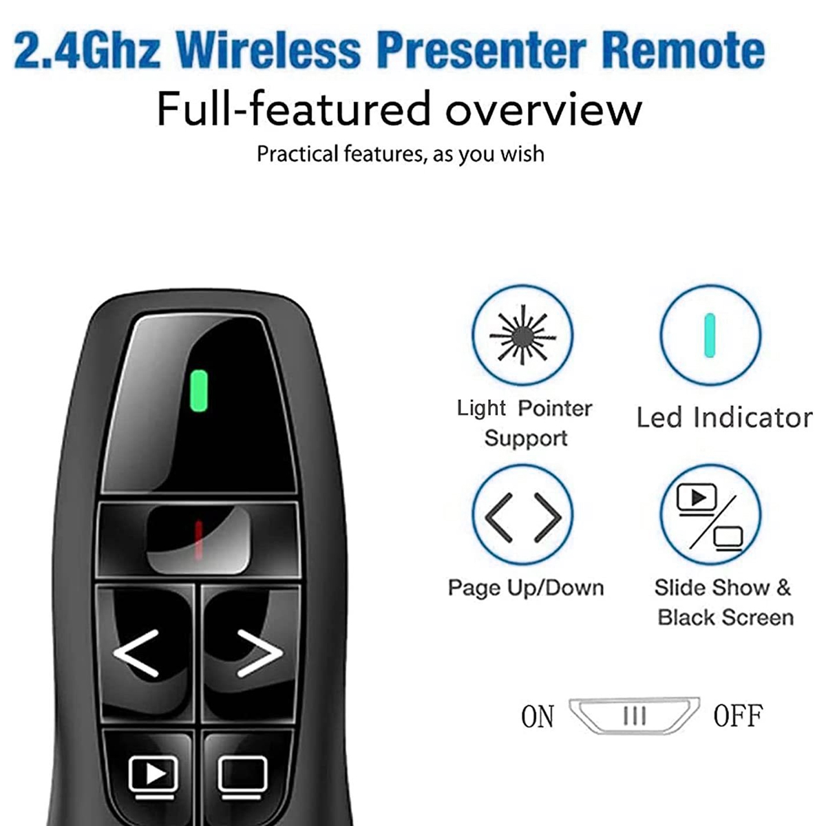 Un puntatore presentatore wireless nero con pulsanti per puntatore, LED, pagina su/giù, slideshow.