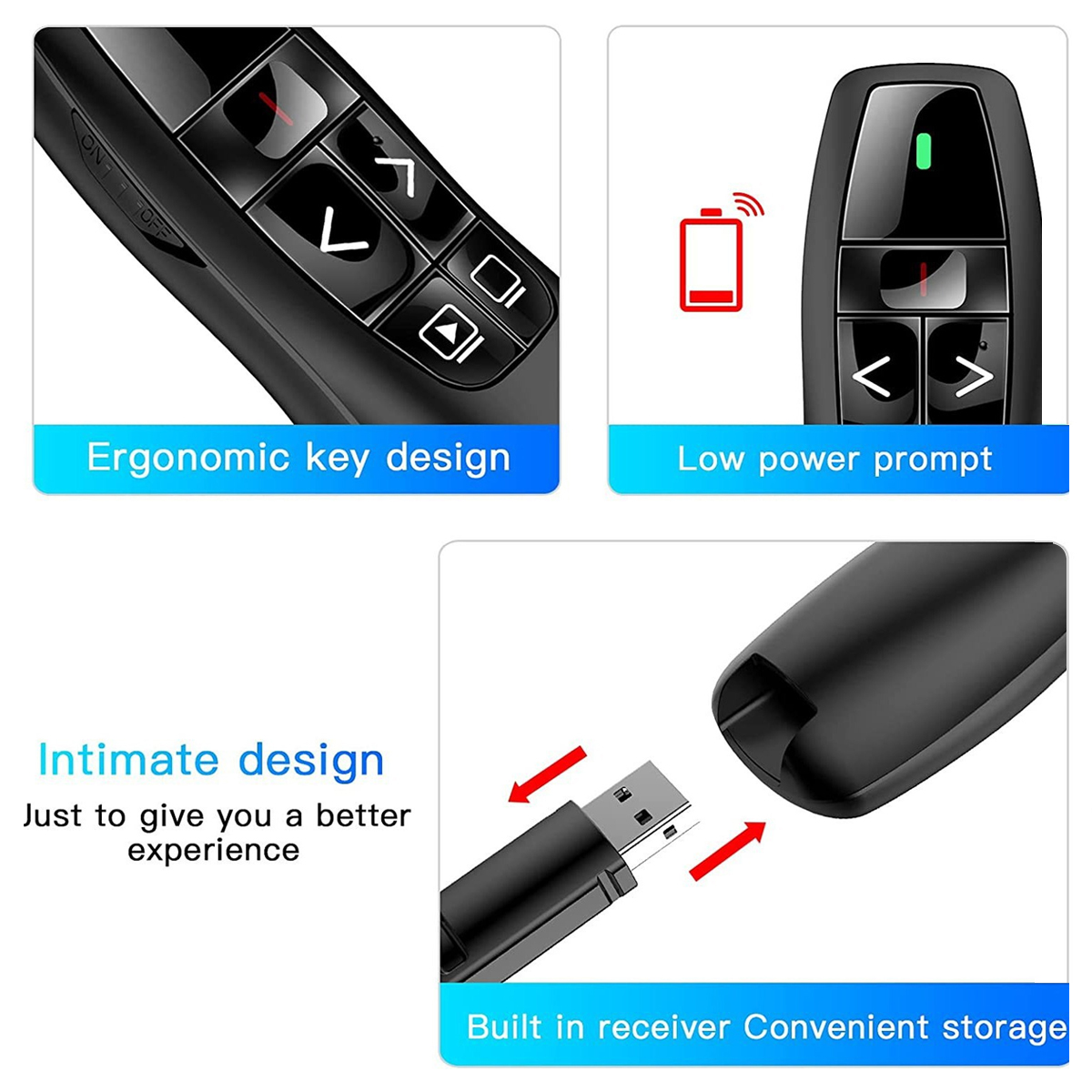 Un puntatore nero con pulsanti ergonomici, avviso batteria scarica e ricevitore integrato.