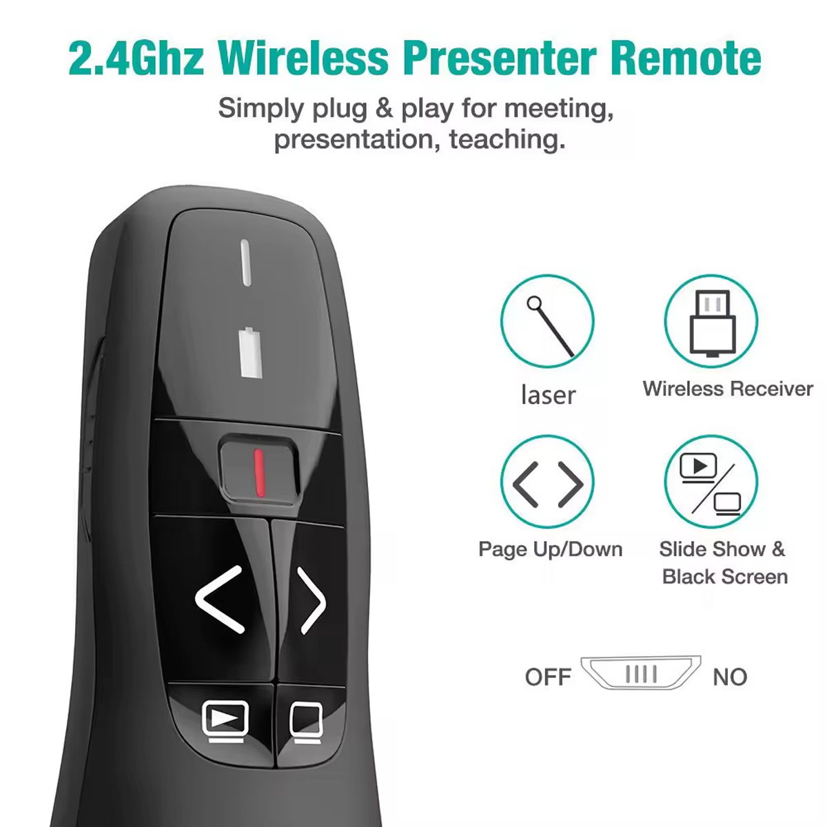 Presentatore wireless nero con pulsanti per laser, ricevitore, pagine e presentazione.