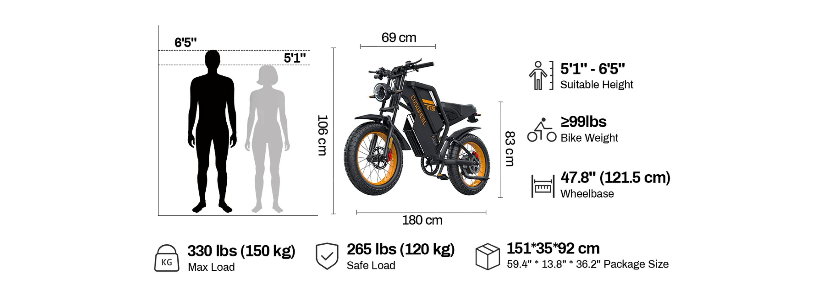 El diagrama muestra especificaciones de e-bike: altura, peso, distancia entre ejes, carga.