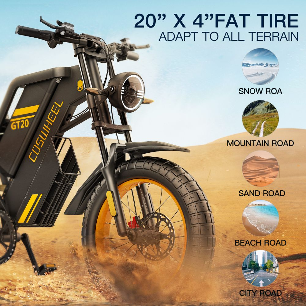 Una e-bike negra de llantas anchas rueda por la arena.