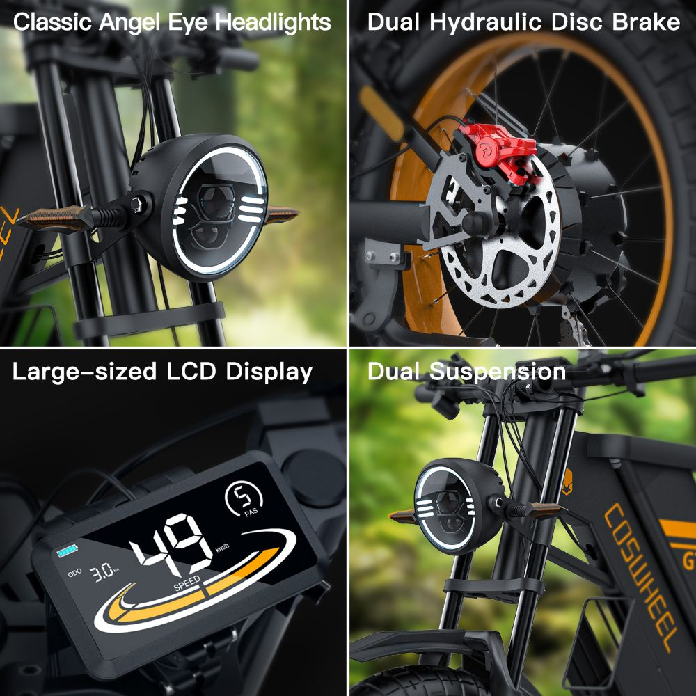 Cuatro imágenes muestran detalles de e-bike: faros, freno, pantalla y suspensión.