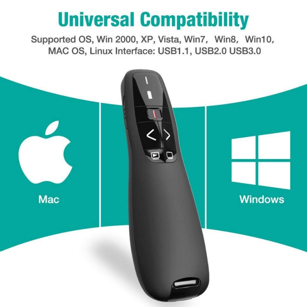 Un telecomando nero con pulsanti e porta USB, accanto ai loghi Mac e Windows.