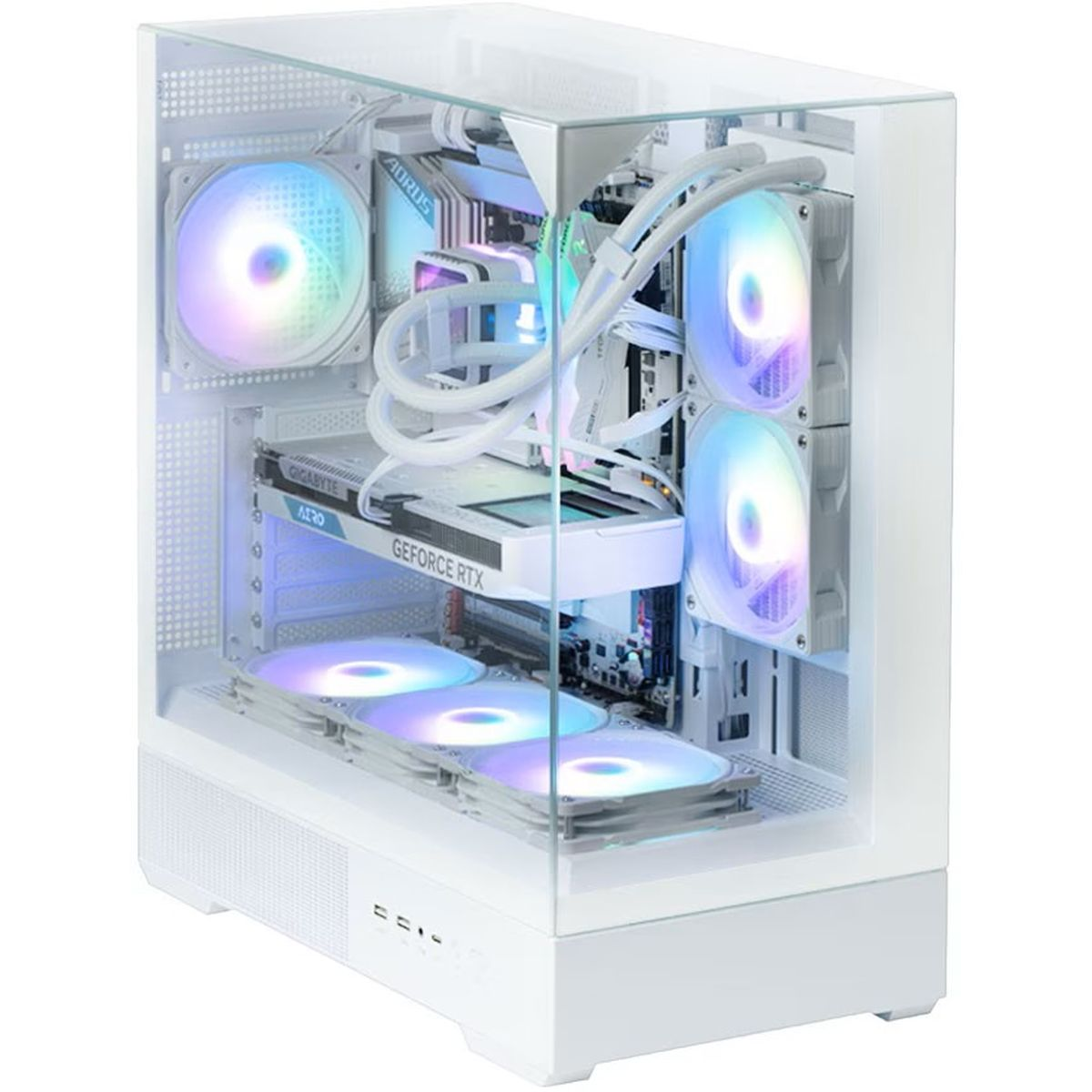 Een witte pc met glazen voorkant en RGB-ventilatoren.