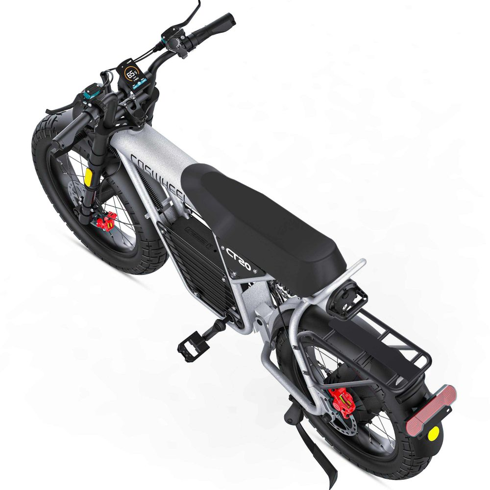 Una bicicletta elettrica argentata con pneumatici larghi, sella nera e display digitale.