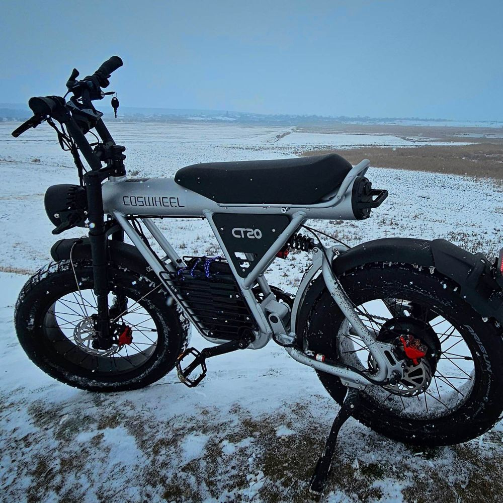 Una e-bike argentata con pneumatici larghi è sulla neve, con un campo sullo sfondo.
