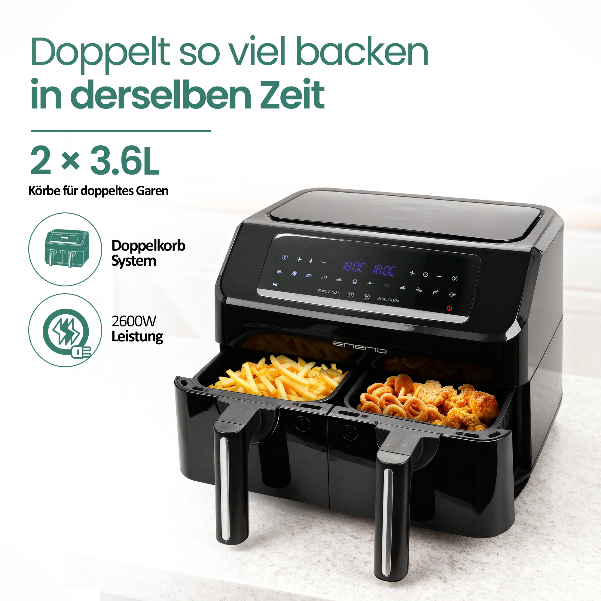 Schwarze Heißluftfritteuse mit zwei Körben, gefüllt mit Pommes und Ringen.