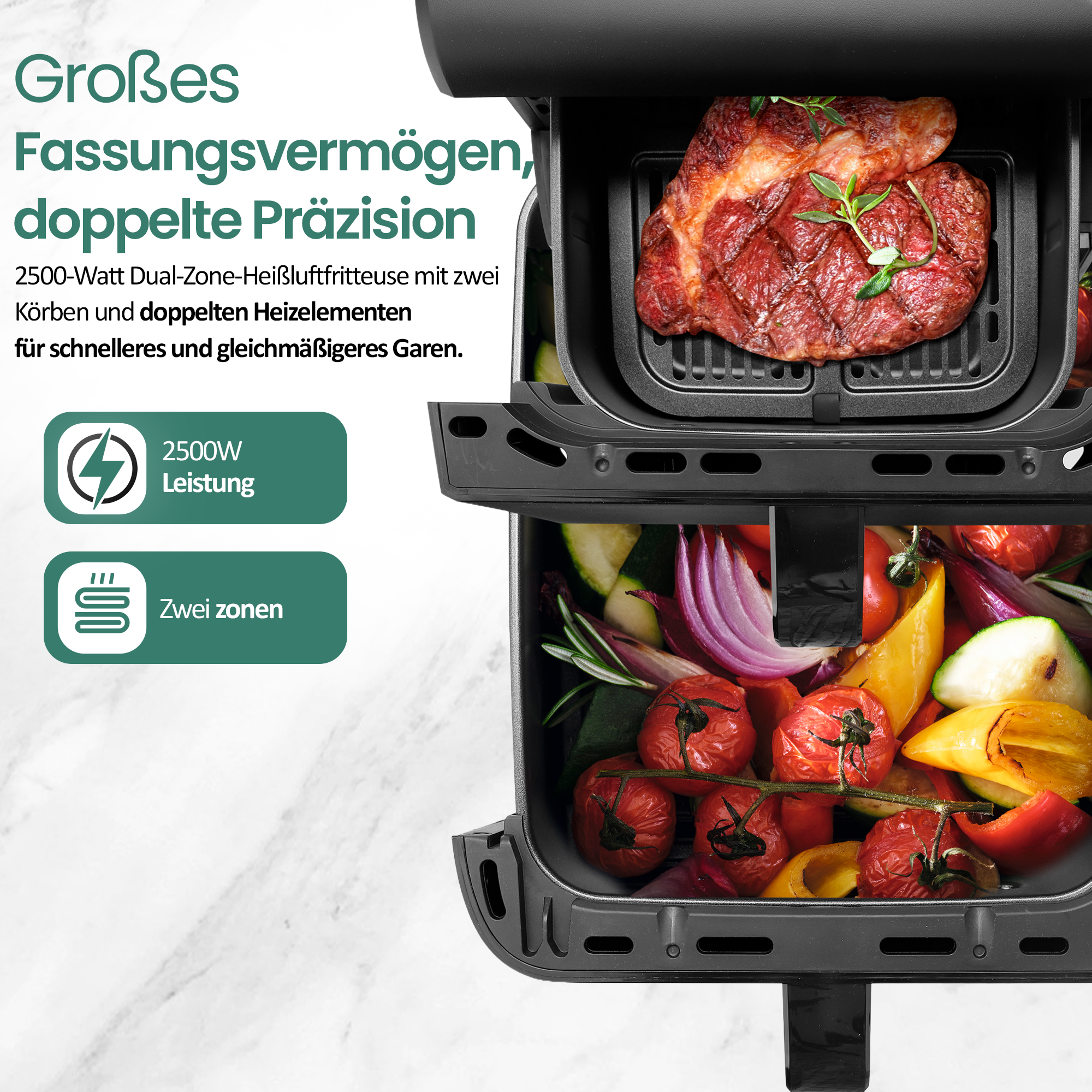 Ein Airfryer mit Fleisch oben und Gemüse unten. 2500W Leistung, zwei Zonen.