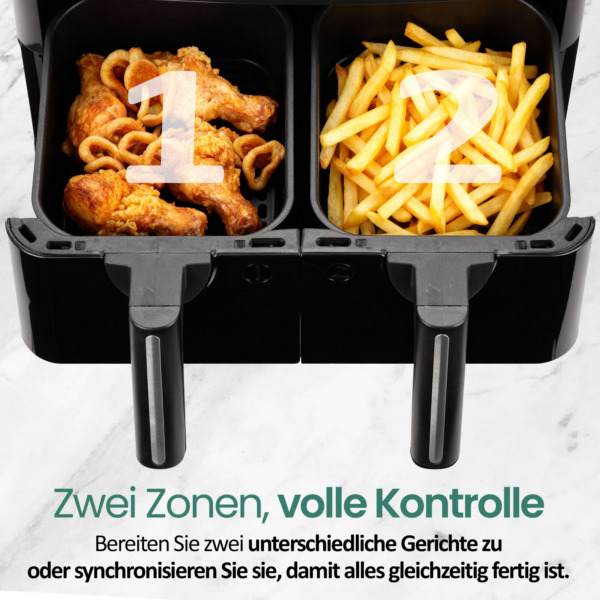 Doppel-Heißluftfritteuse mit Hähnchen und Pommes.
