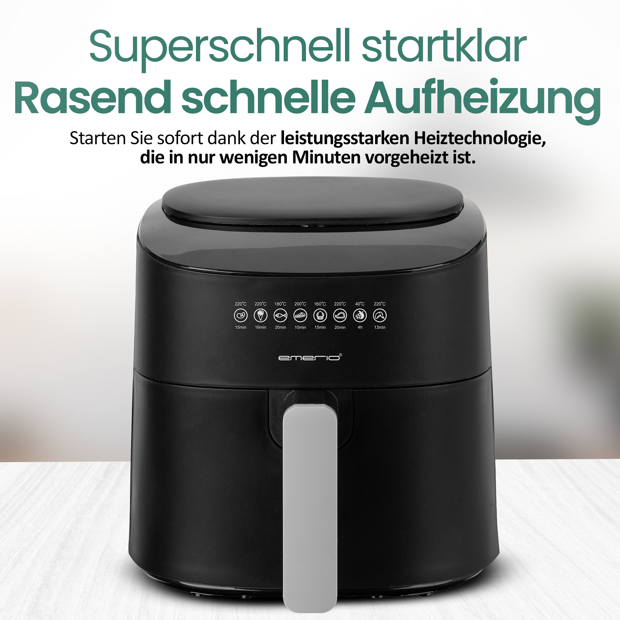 Schwarzer Heißluftfritteuse mit Touchscreen und Kochprogrammen.