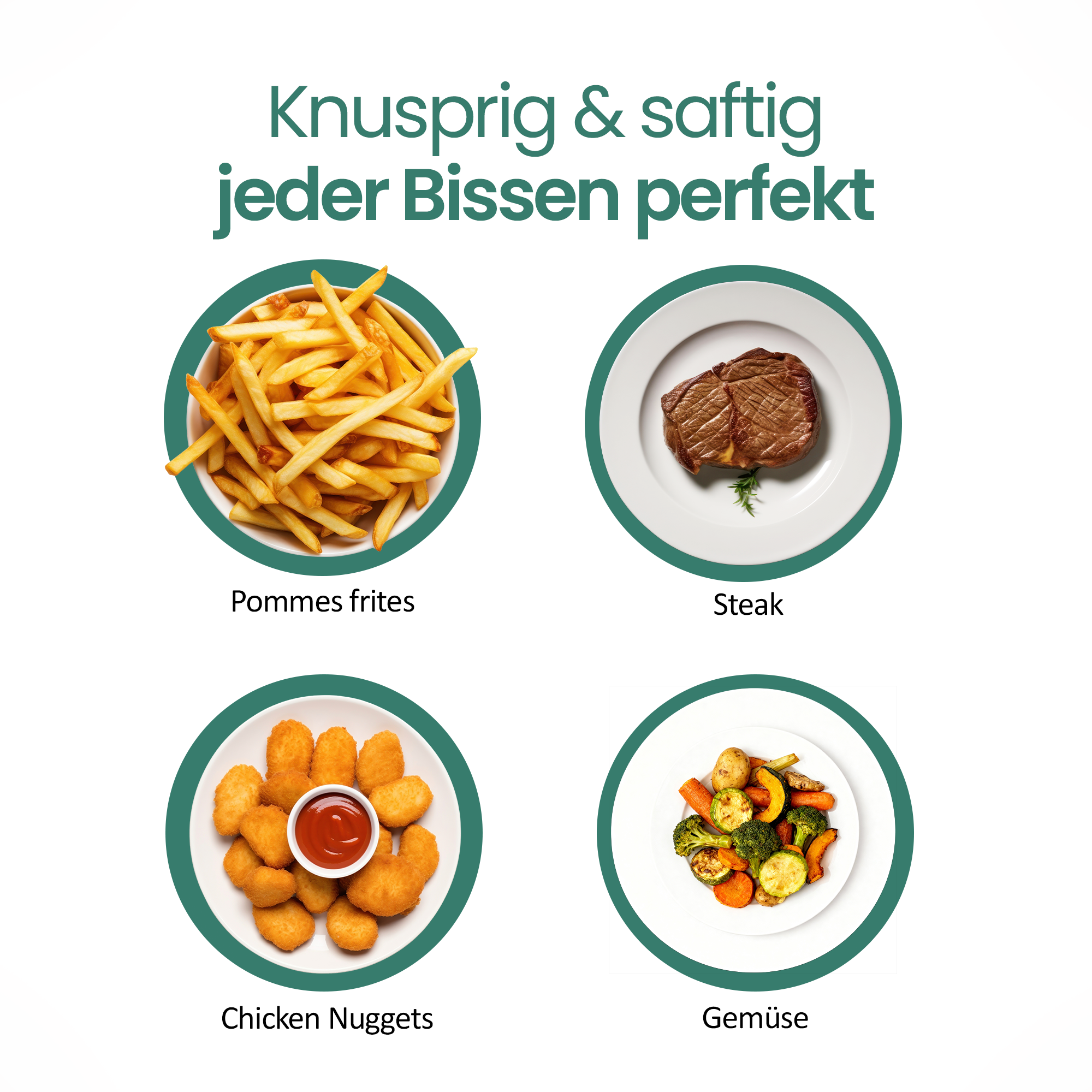 Vier Gerichte: Pommes, Steak, Nuggets und Gemüse. Knusprig & saftig.