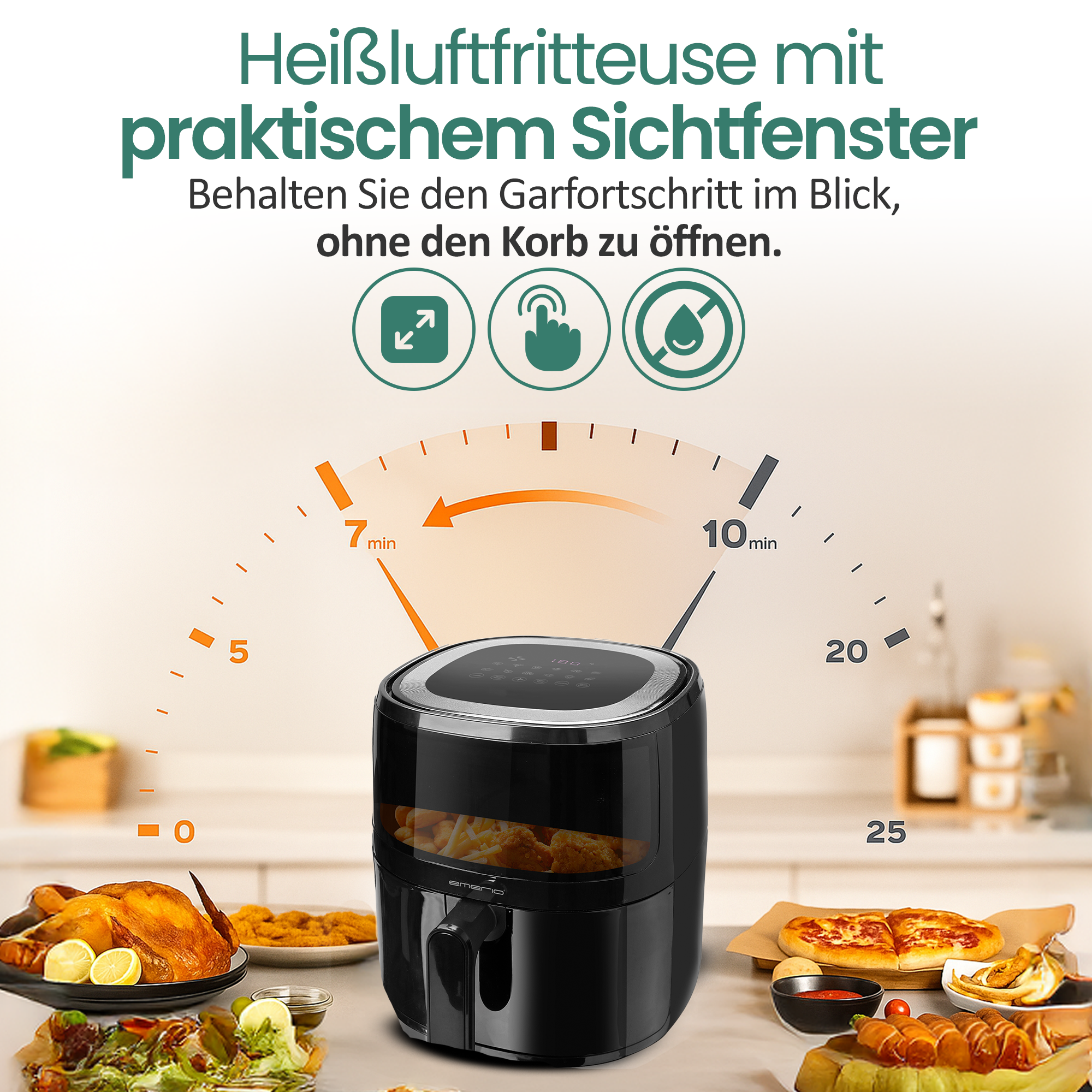 Heißluftfritteuse mit Sichtfenster, daneben Essen wie Brathähnchen, Pommes und Pizza.