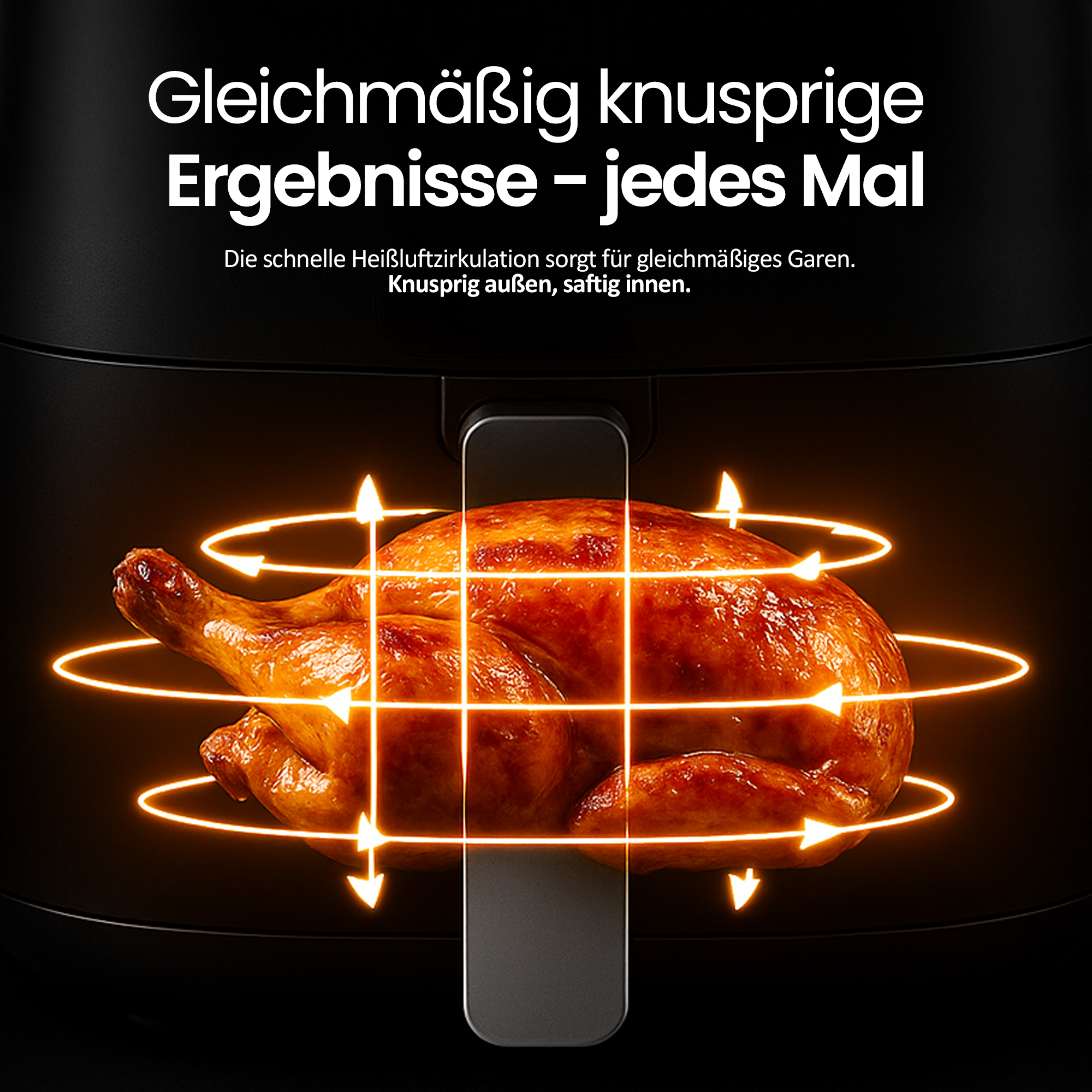 Ein goldbraun gebratenes Hähnchen in einem Airfryer, umgeben von Orangenpfeilen.