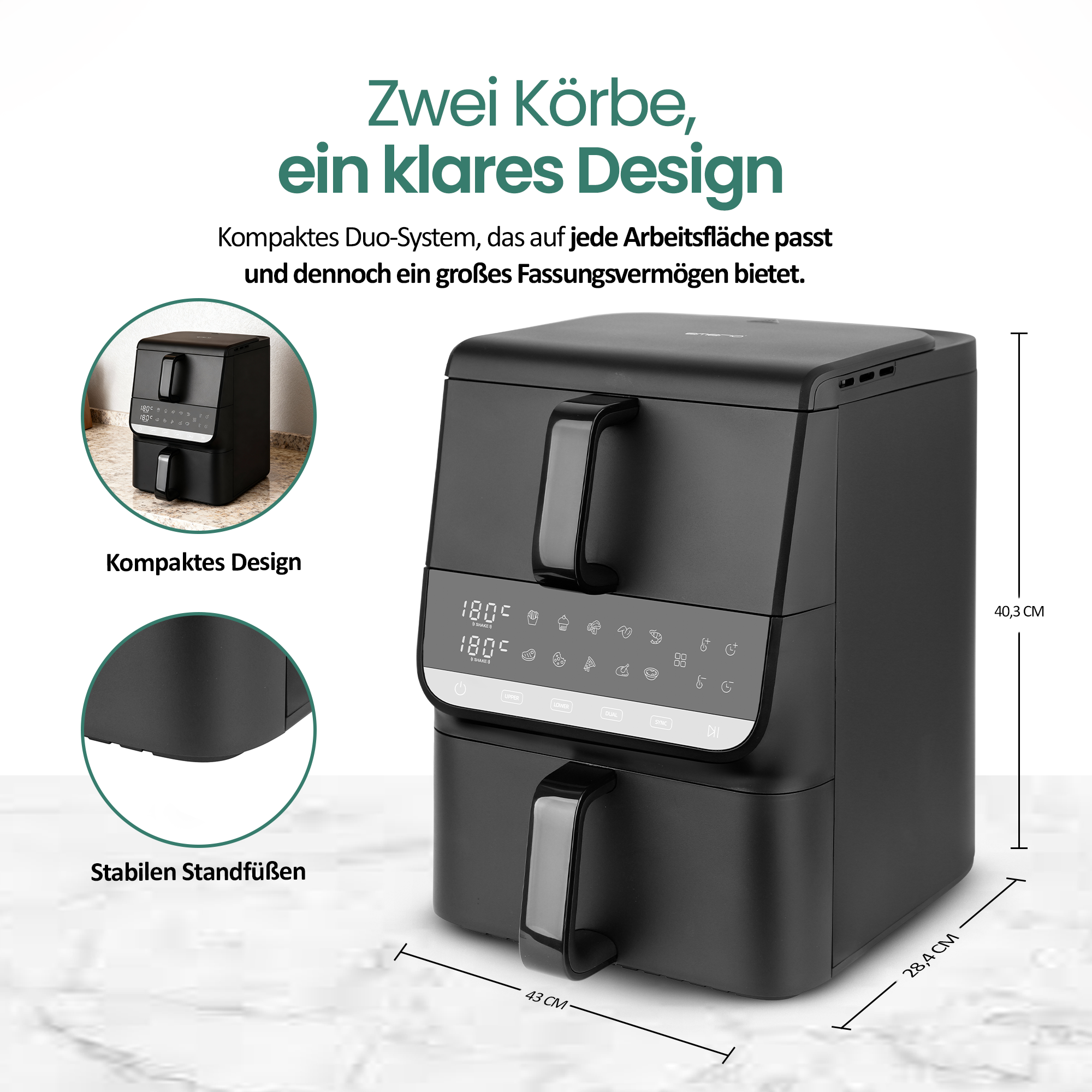 Schwarzer Heißluftfritteuse mit zwei Schubladen und Touchscreen-Bedienfeld.