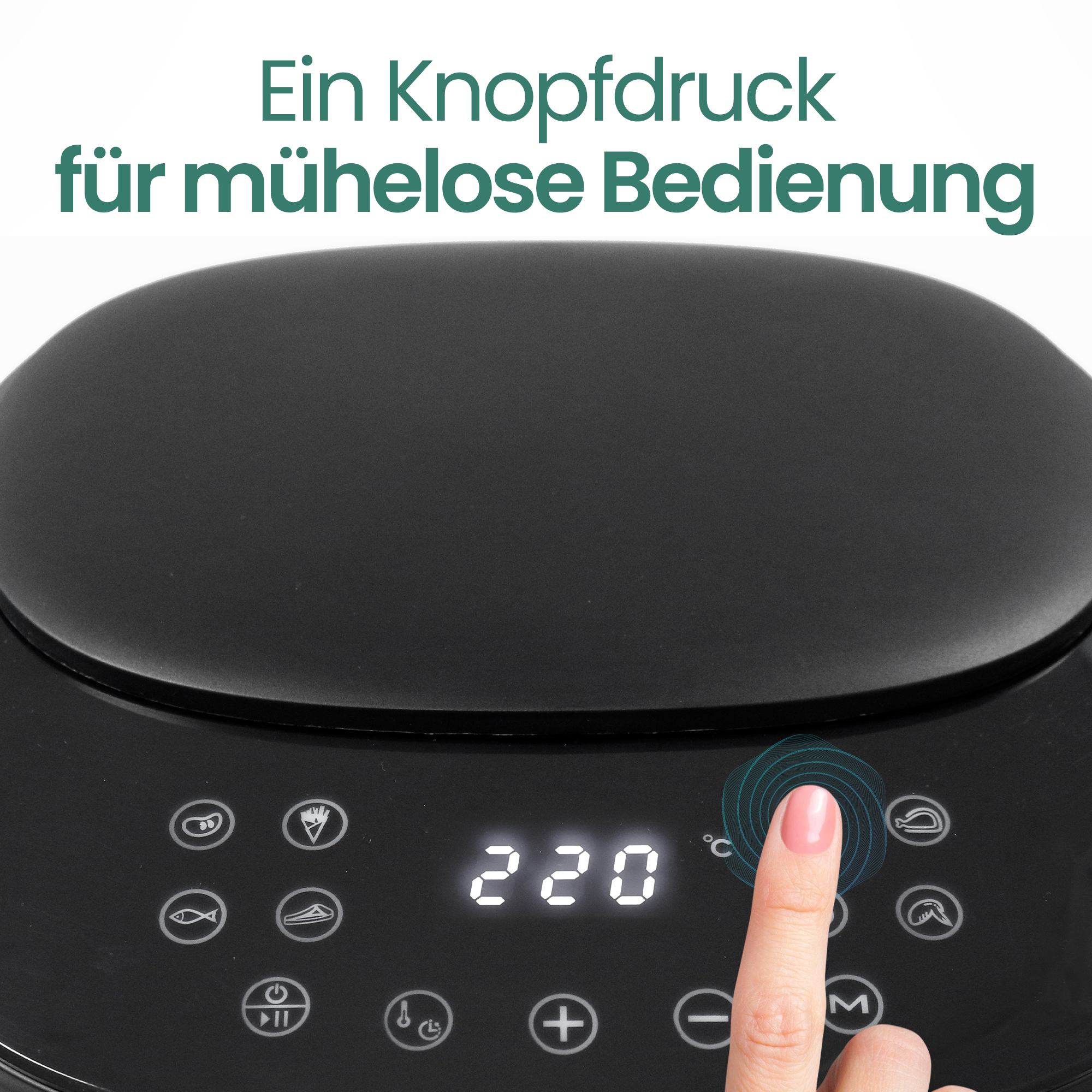 Eine Fingerkuppe berührt das Bedienfeld eines schwarzen Geräts mit leuchtender Temperaturanzeige.