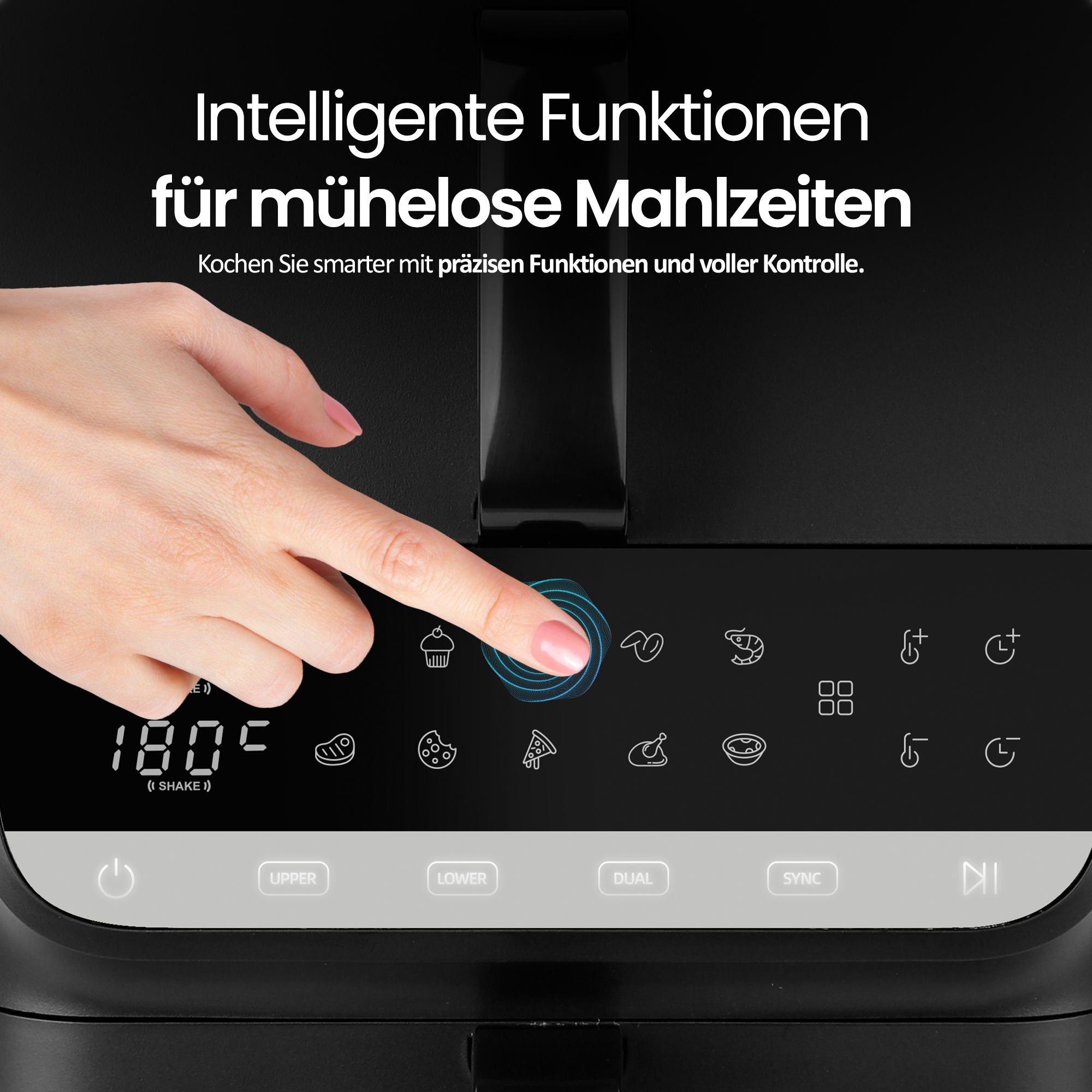 Eine Hand drückt auf einen Touchscreen mit Kochsymbolen und der Temperatur 180°C.