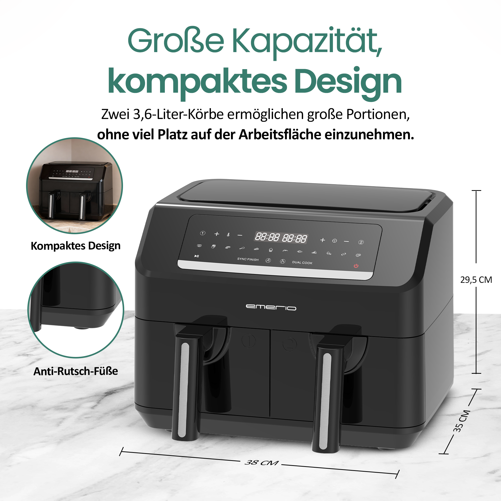 Schwarzer Doppelkammer-Heißluftfritteuse mit digitalem Display und Maßen.
