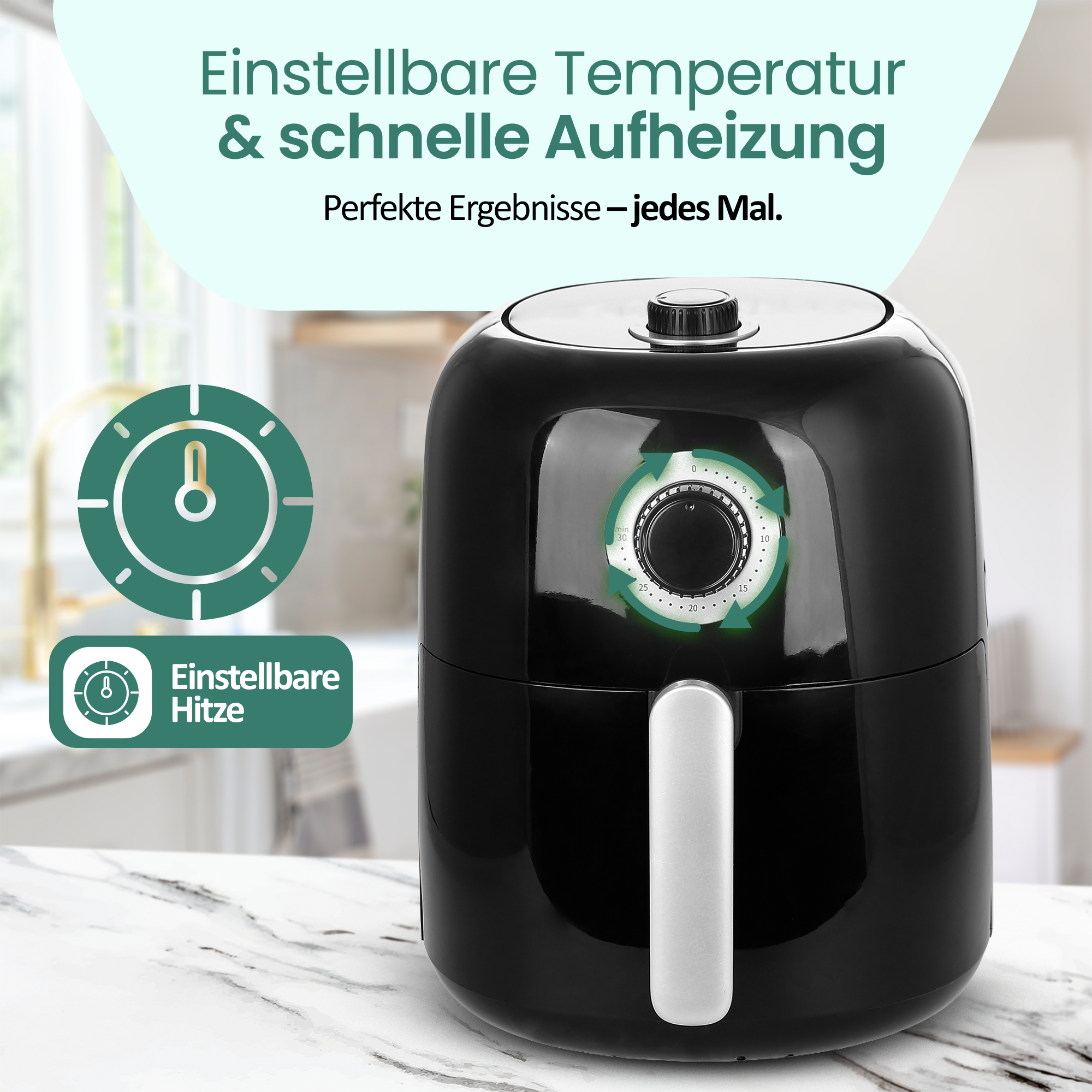 Schwarzer Airfryer mit Timer-Regler. "Einstellbare Temperatur & schnelle Aufheizung."