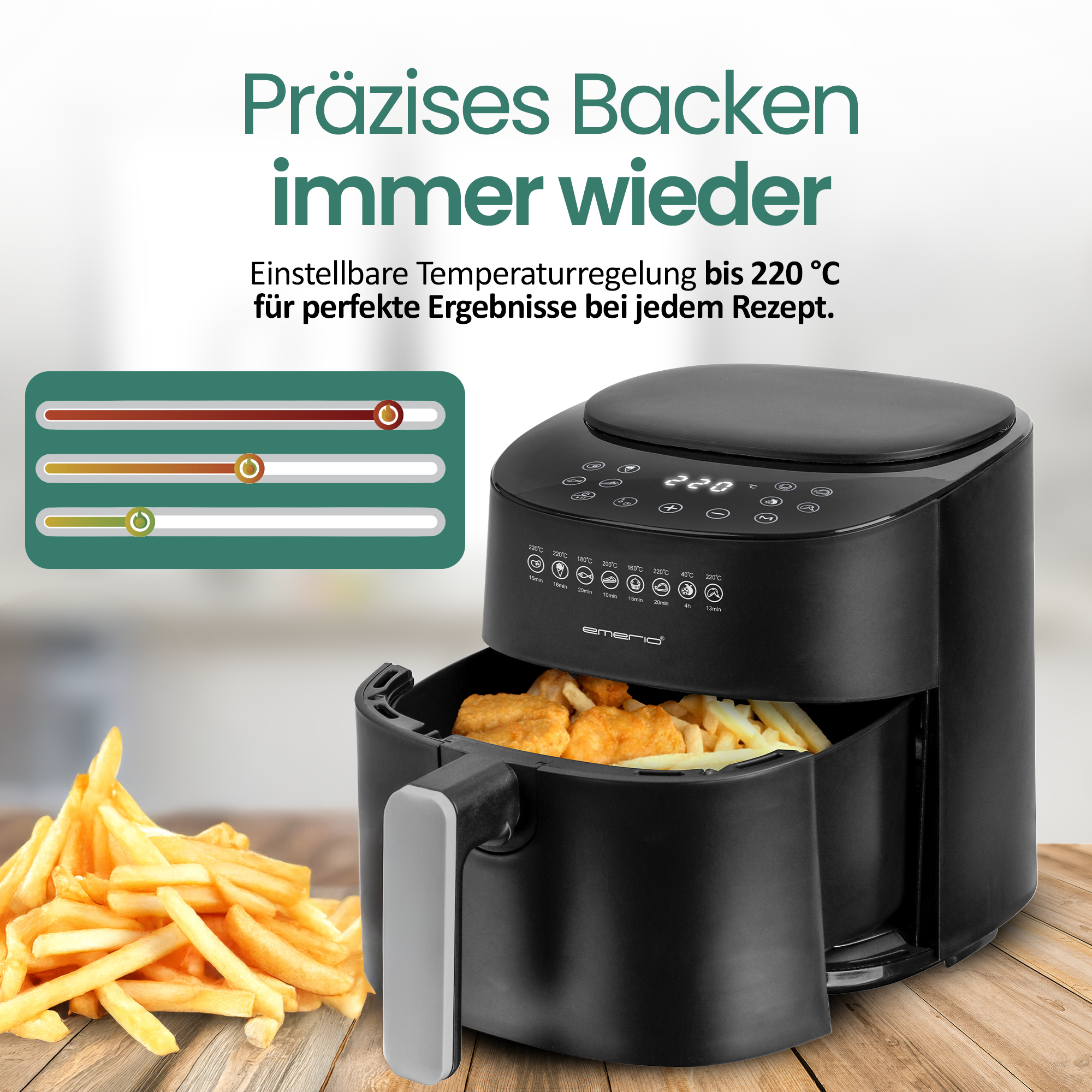 Schwarzer Heißluftfritteuse mit Pommes und Nuggets, digitale Anzeige.