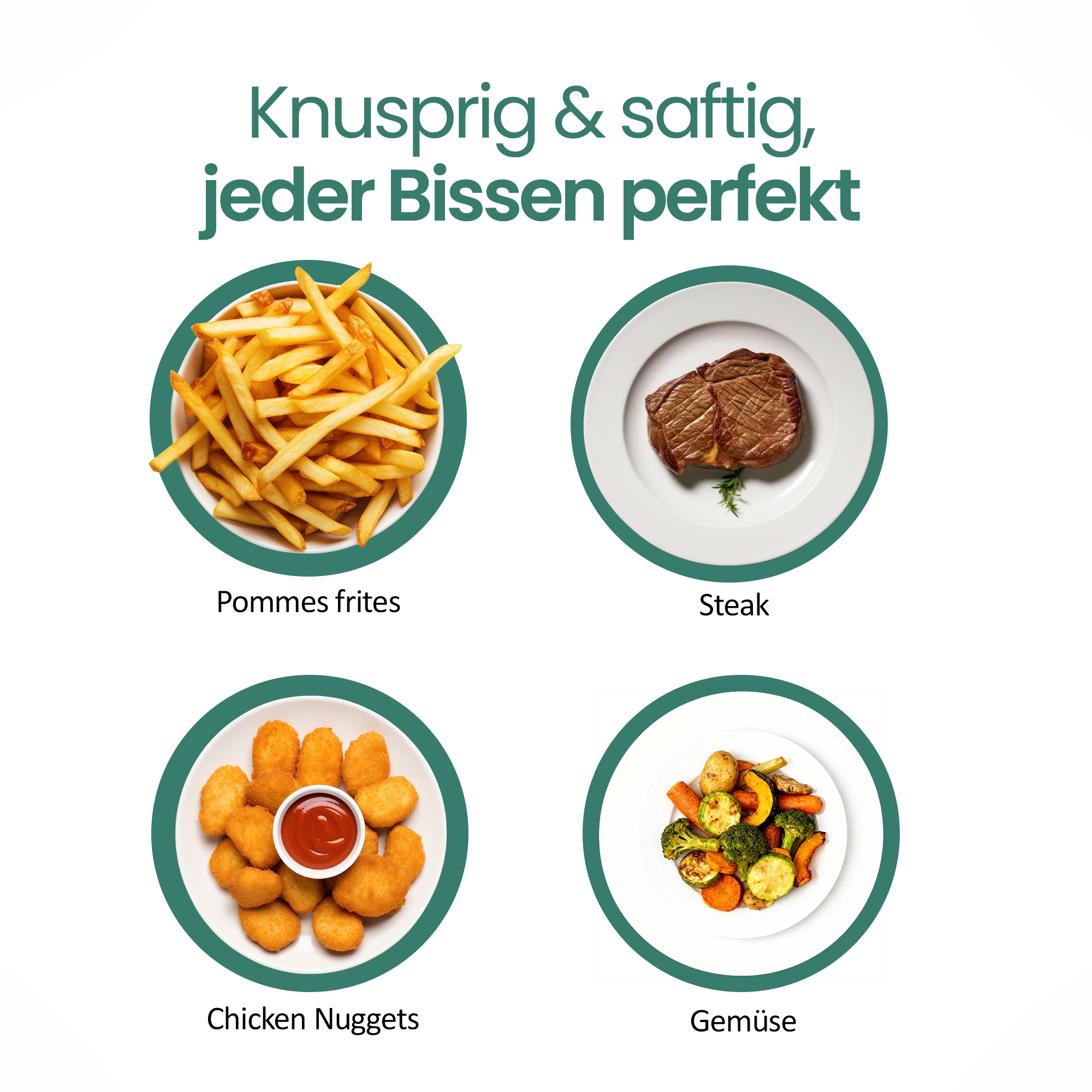 Vier Gerichte: Pommes frites, Steak, Chicken Nuggets und Gemüsesalat.