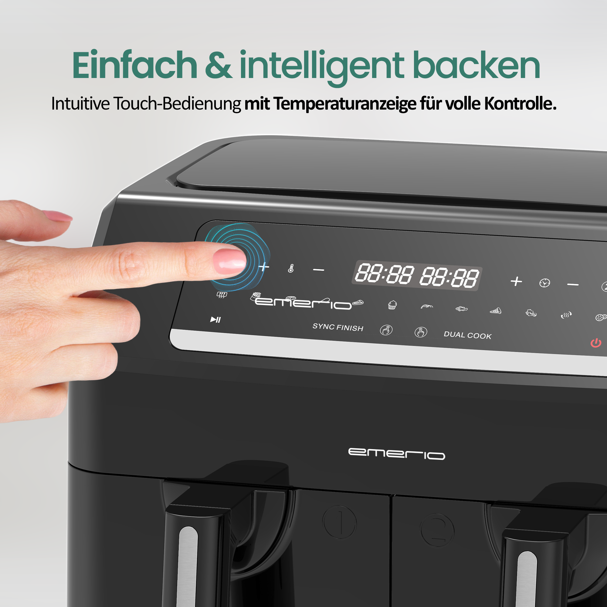 Eine Hand berührt das Touchscreen-Display eines schwarzen Emerio Air Fryers.