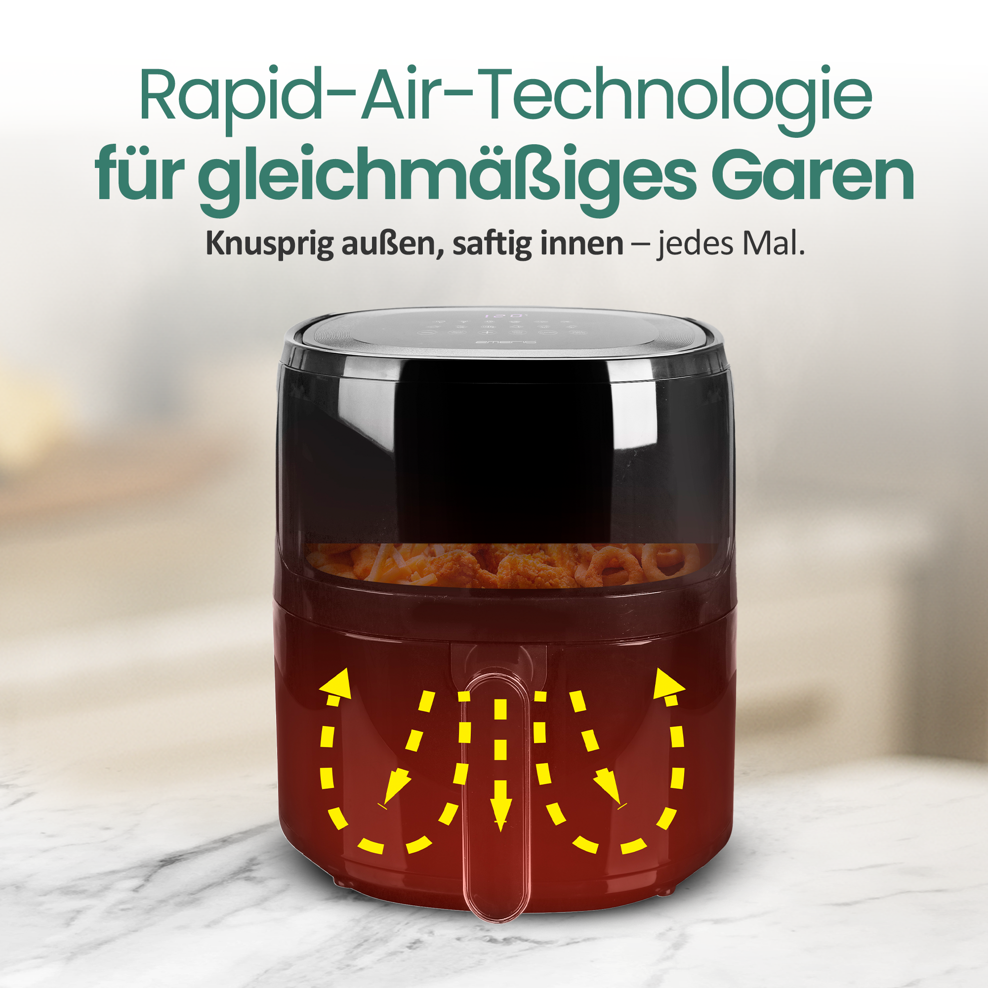 Ein roter Heißluftfritteuse mit Essensresten, im Innenraum mit gelben Pfeilen.
