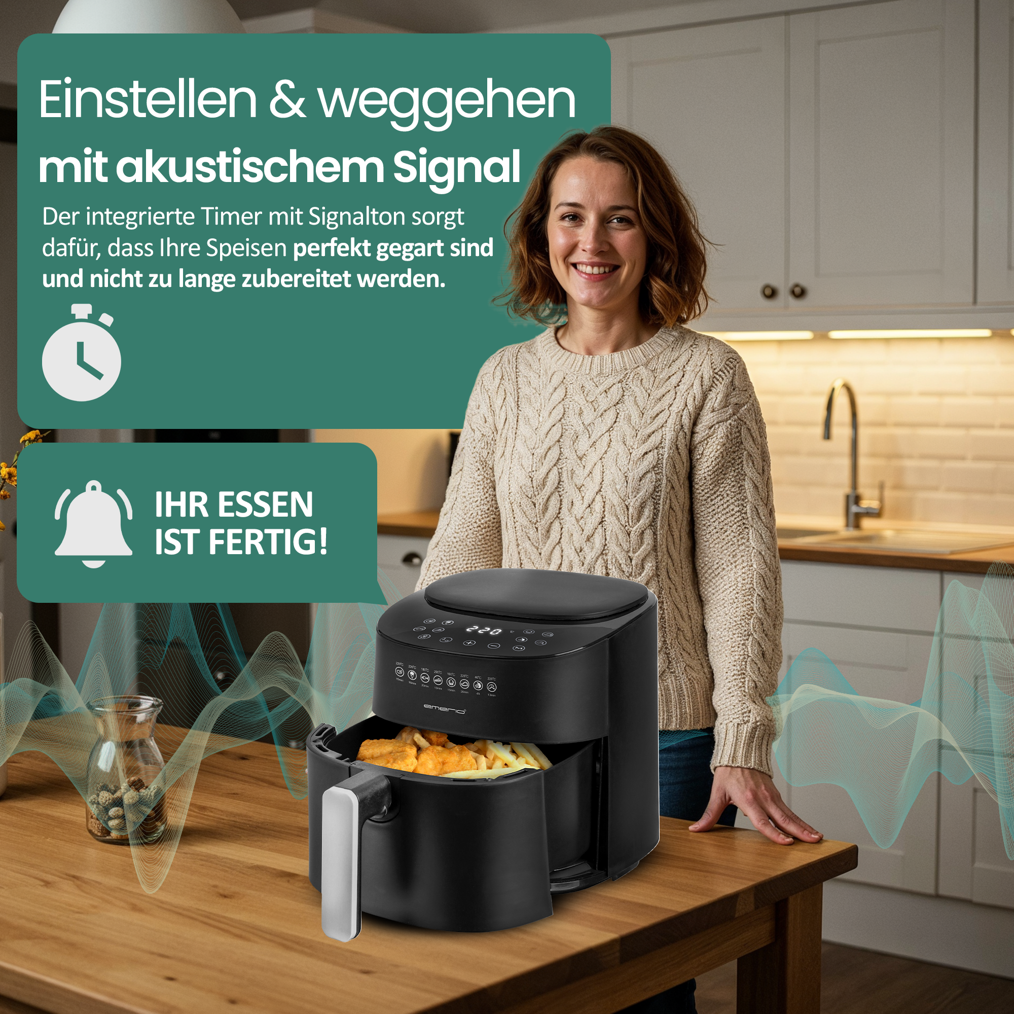 Frau steht neben schwarzer Heißluftfritteuse mit Essen. Text über Timer.